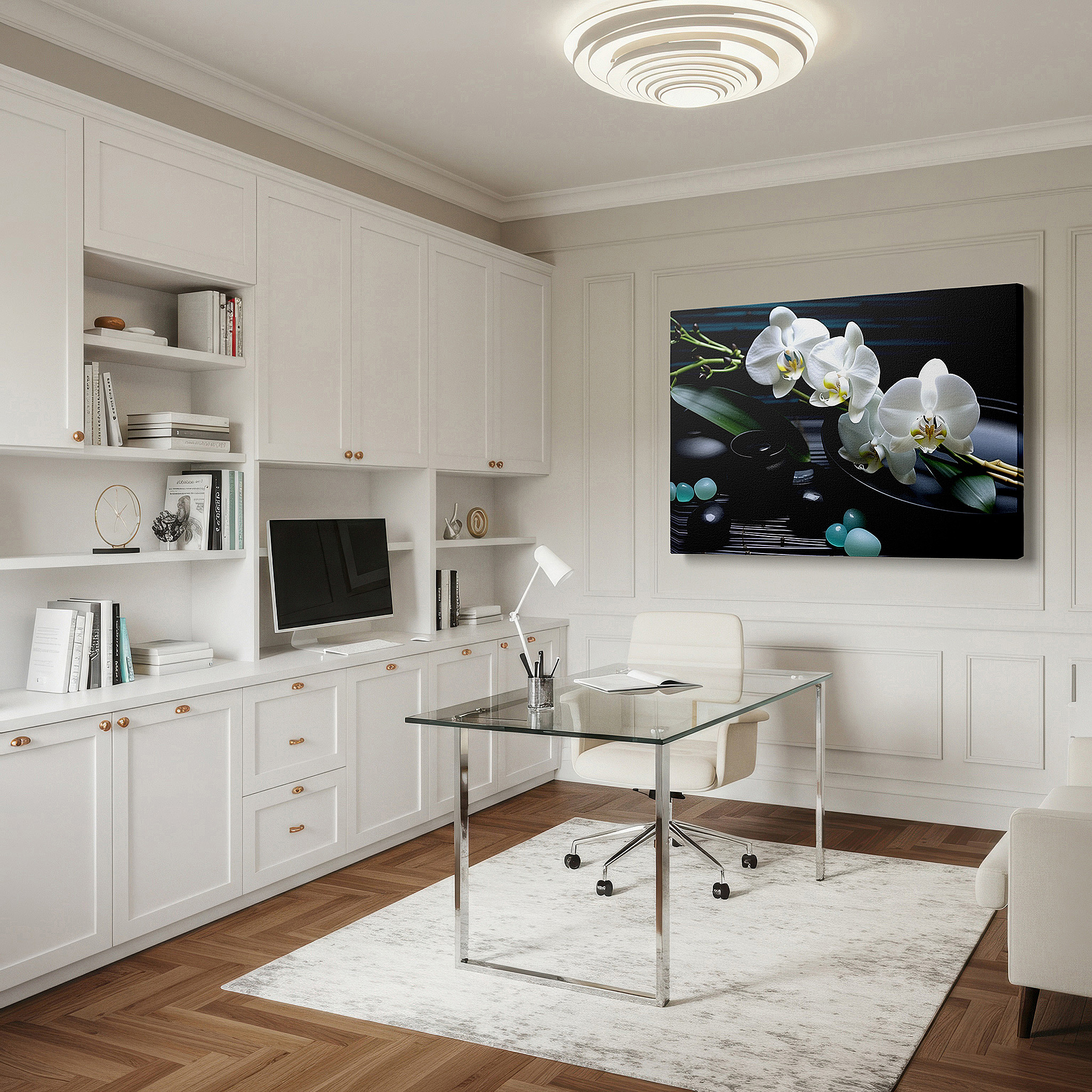 Mounted in a loft-style interior with exposed brick walls — wall decor: elegant white orchids and serene stones - large canvas art for office and bedroom