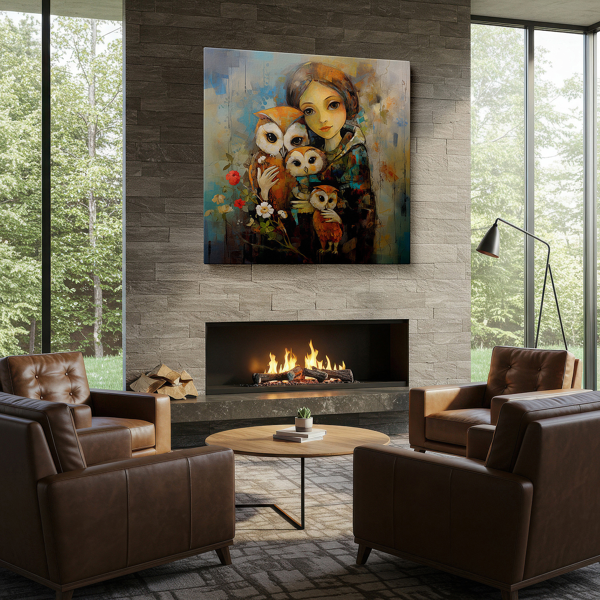 Mounted in a loft-style interior with exposed brick walls — wall decor: serene nature embrace - a girl with owls in a peaceful setting large canvas art, home and office wall decor for bedrooms and living spaces