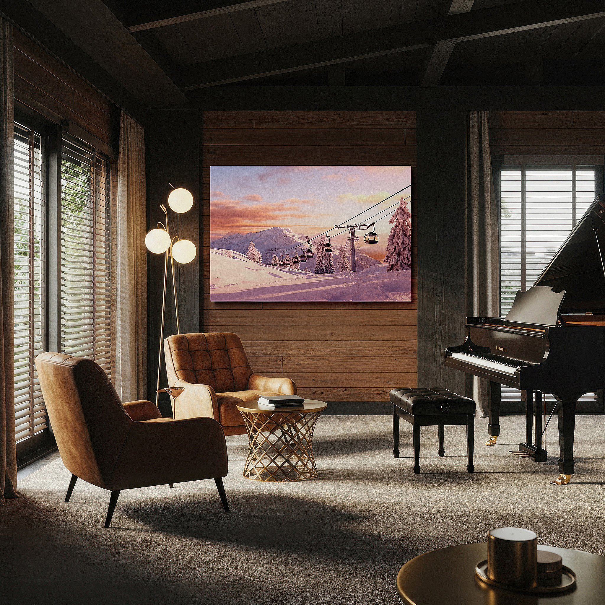Mounted in a loft-style interior with exposed brick walls — wall decor: serene ski resort at sunset, gondolas above snowy peaks - large canvas art for office and bedroom