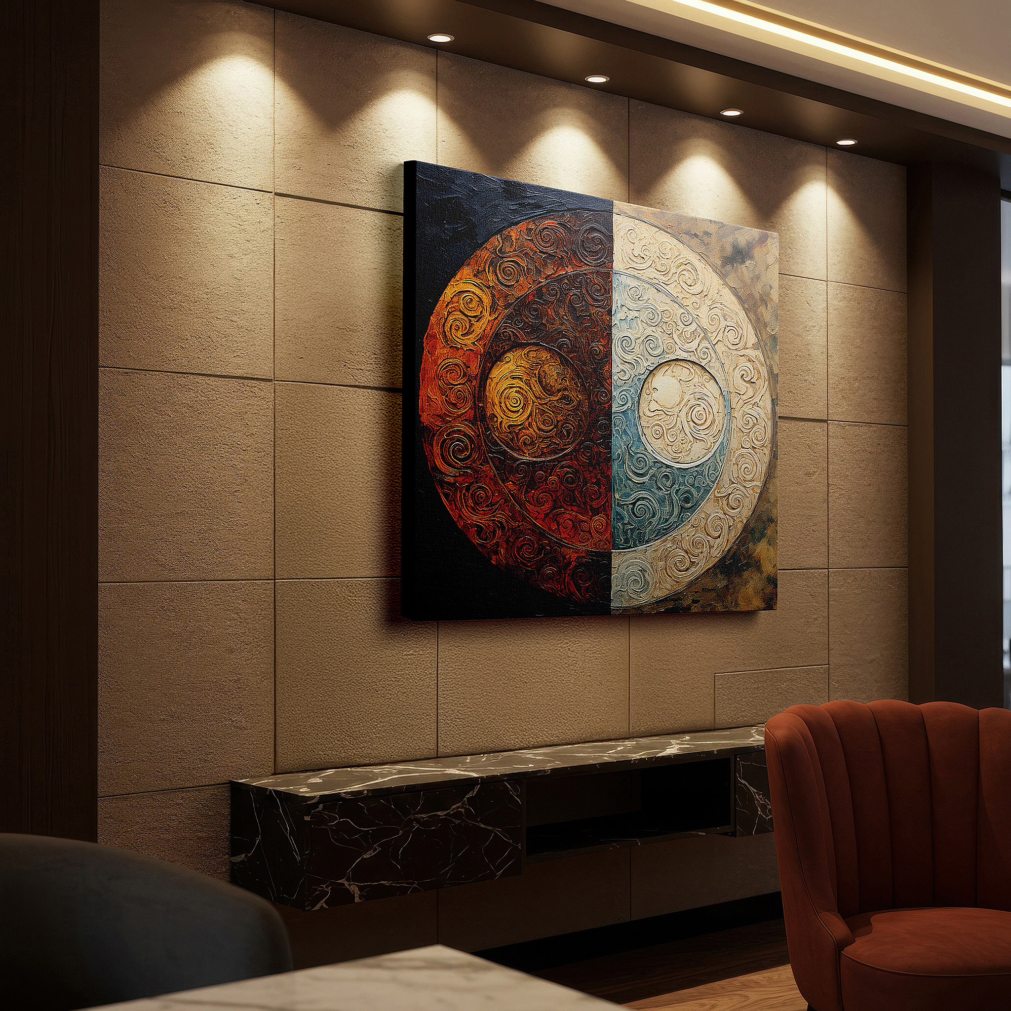 Mounted in a loft-style interior with exposed brick walls — wall decor: a vibrant fusion of earthy and aquatic hues celebrating nature's dual aspects - large canvas art for home and office decor