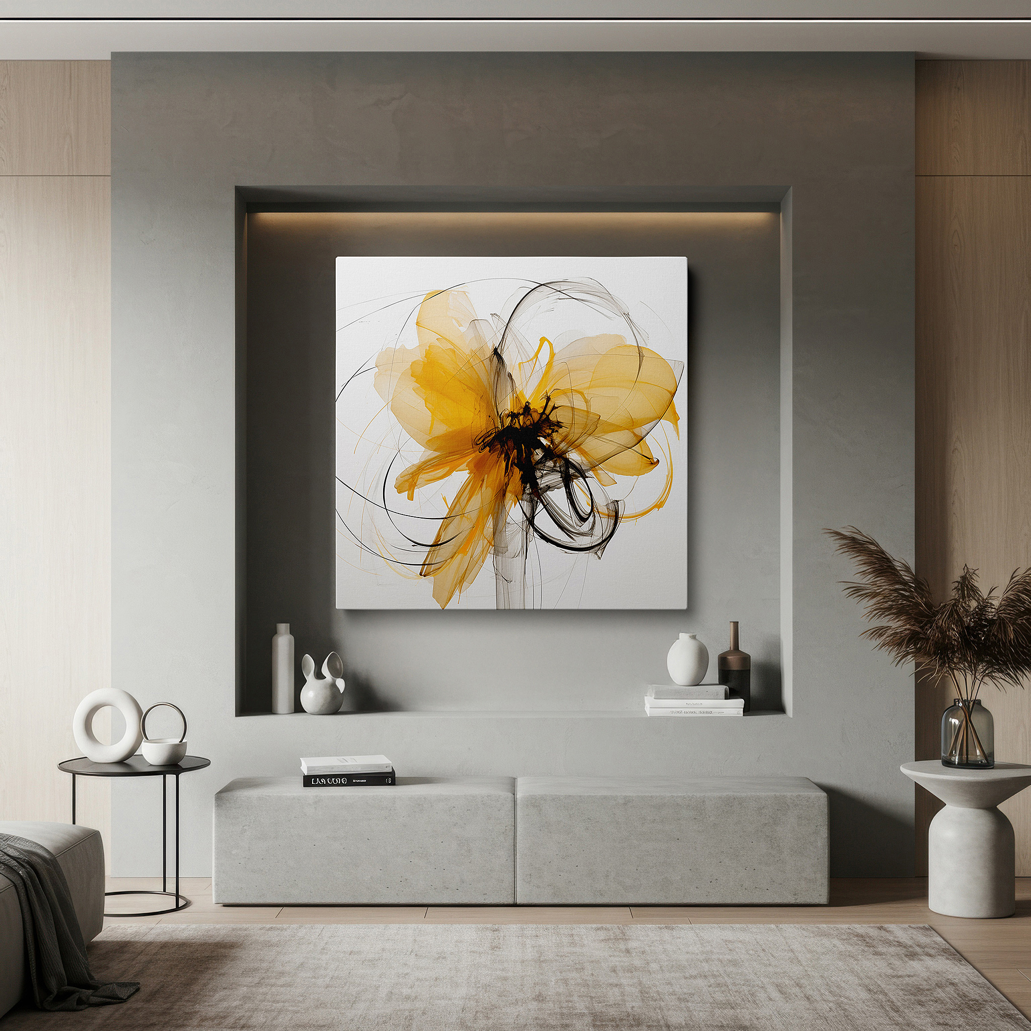 Mounted in a loft-style interior with exposed brick walls — yellow and black passionate and creative large wall art, canvas decor for office, bedroom, and living spaces