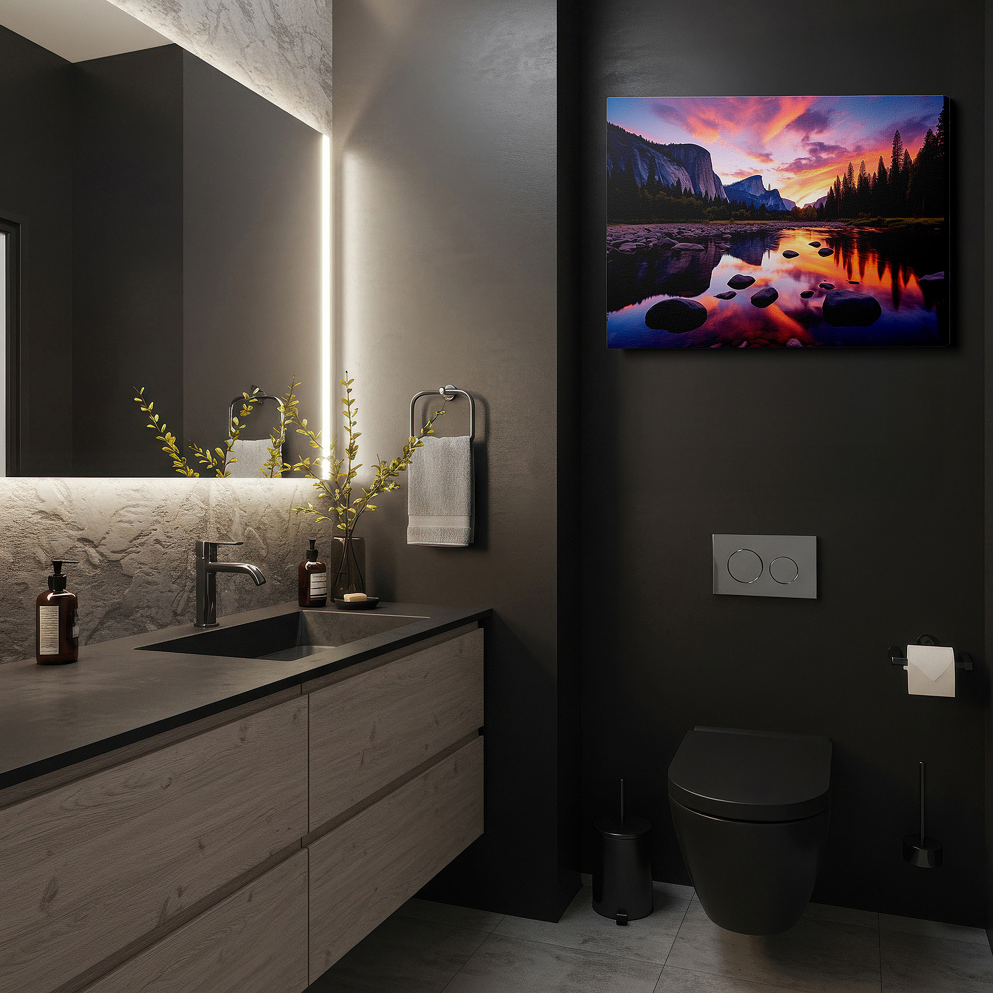 Mounted in a loft-style interior with exposed brick walls — yosemite sunset serenity: large canvas wall art featuring a peaceful river scene - perfect for office, bedroom, or home decor