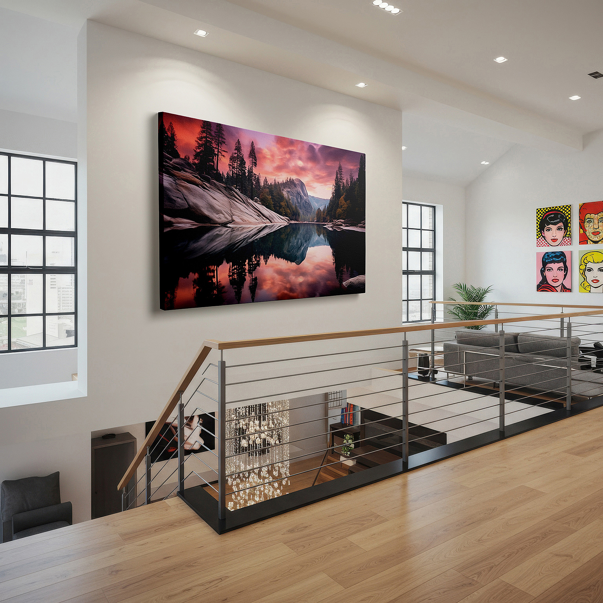 Mounted in a loft-style interior with exposed brick walls — yosemite valley sunset reflections wall art: featuring granite cliffs & serene waters - large canvas for home and office decor, ideal for living room and bedroom
