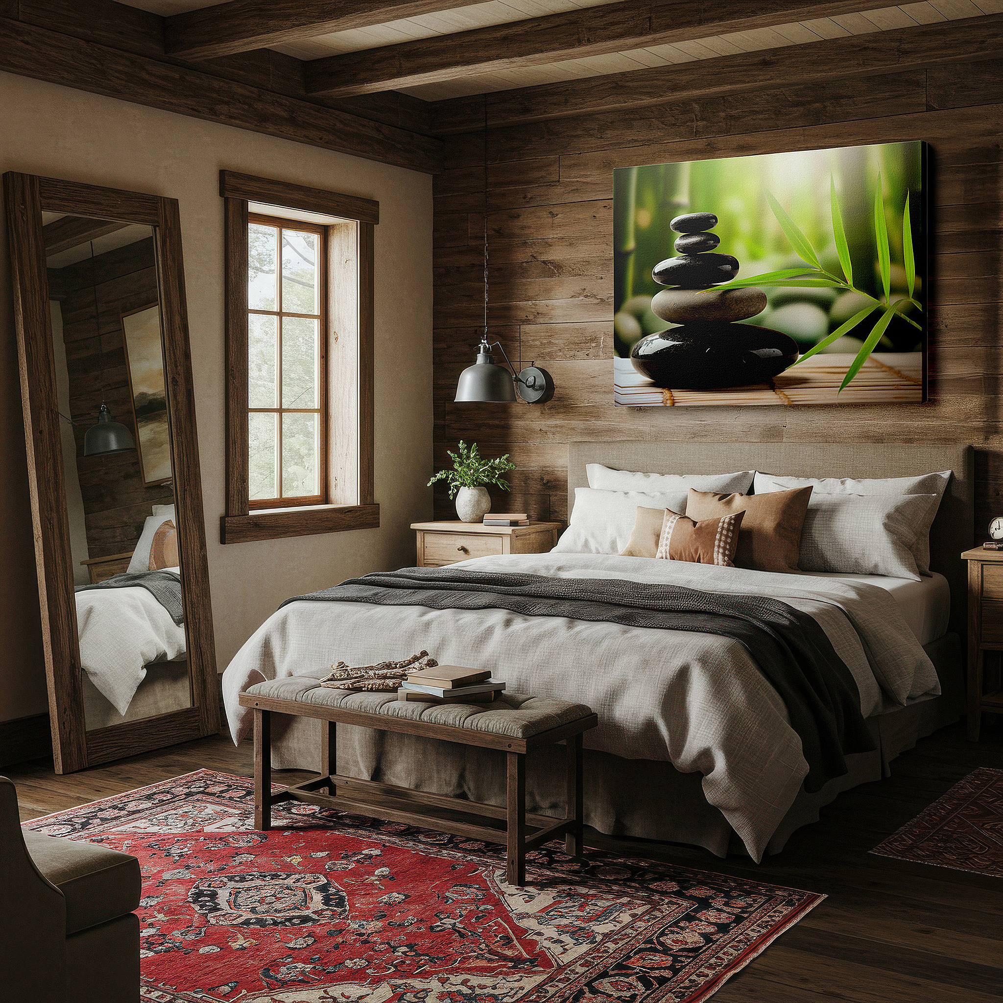 Mounted in a loft-style interior with exposed brick walls — zen stones and bamboo mat wall art on a serene green background for balance and mindfulness - large canvas wall decor for office