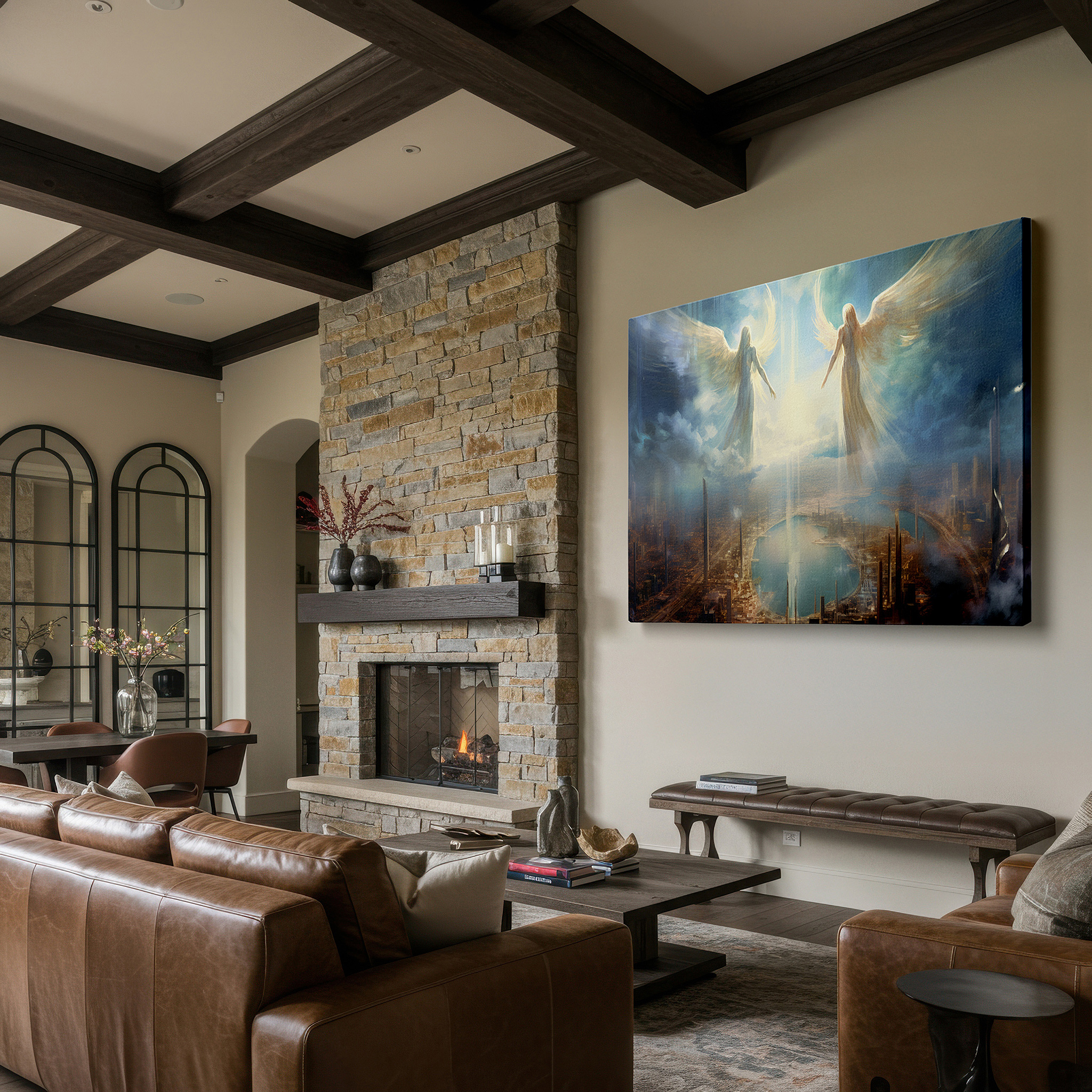 Perfectly sized at 45×30 cm for accenting shelves or narrow walls — angelic figures bathed in radiant light above modern cityscape, symbolizing peace and optimism, large wall art, canvas wall art, wall decor for office