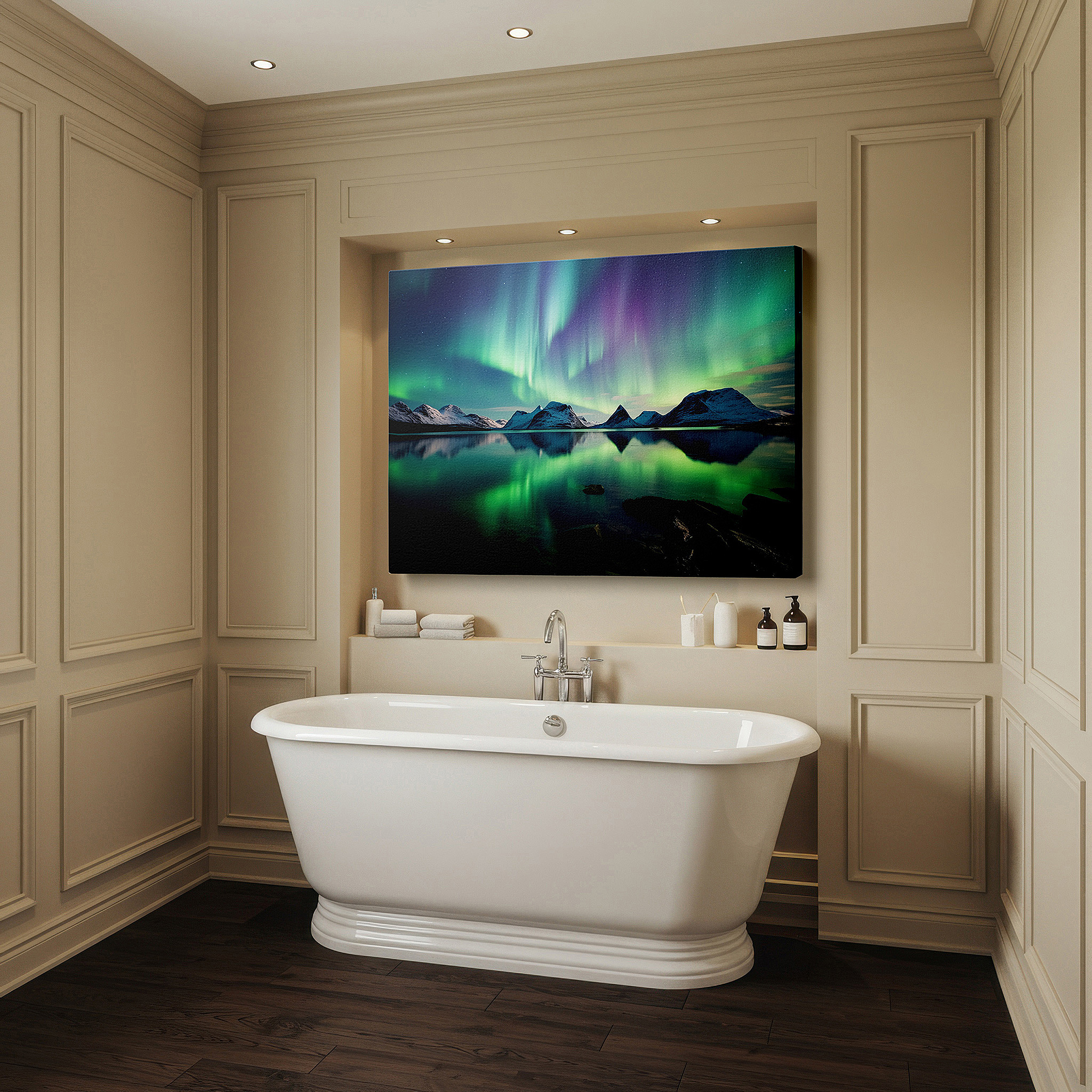 Perfectly sized at 45×30 cm for accenting shelves or narrow walls — aurora borealis over peaceful mountains and reflective waters large canvas wall art for office decor