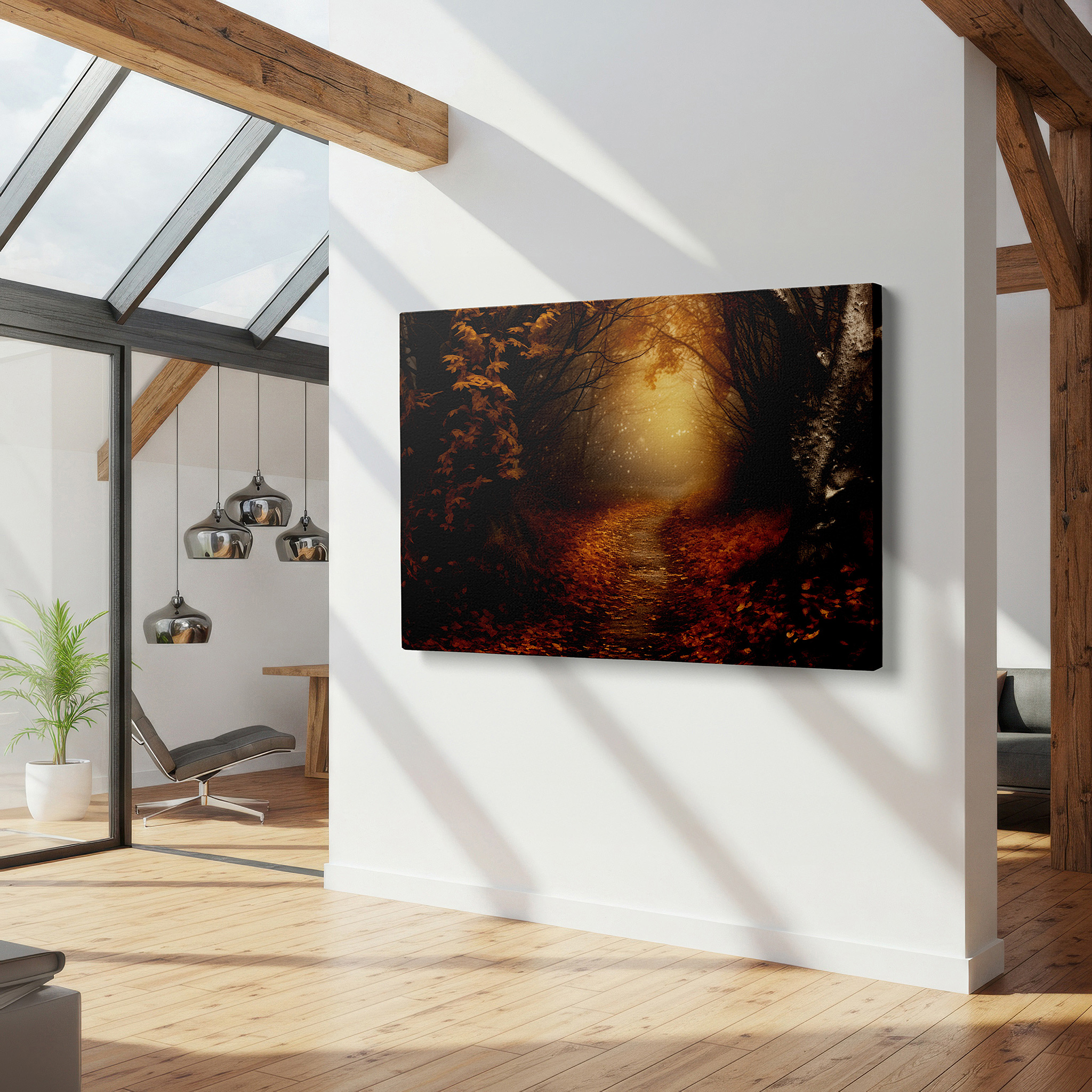 Perfectly sized at 45×30 cm for accenting shelves or narrow walls — autumn forest twilight stroll large canvas wall art for office, bedroom, and living room decor