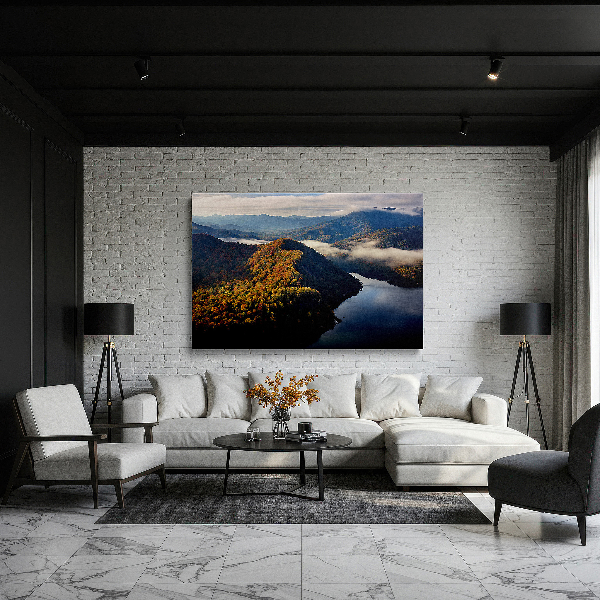 Perfectly sized at 45×30 cm for accenting shelves or narrow walls — autumn majesty from above: vibrant mountain and serene water landscape - large canvas wall art decor