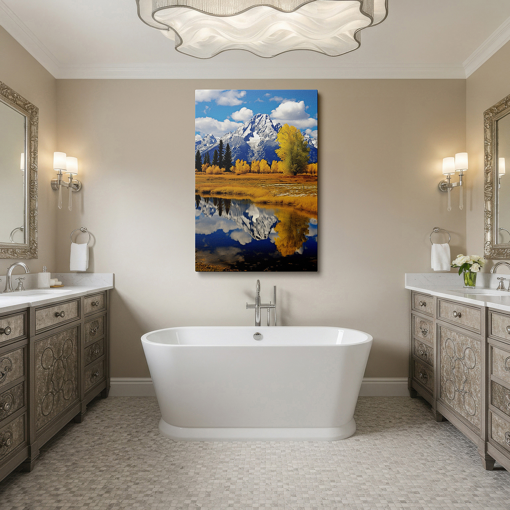 Perfectly sized at 45×30 cm for accenting shelves or narrow walls — autumn meets winter: tranquil lake reflection large wall art, canvas wall art, wall decor for office and bedroom