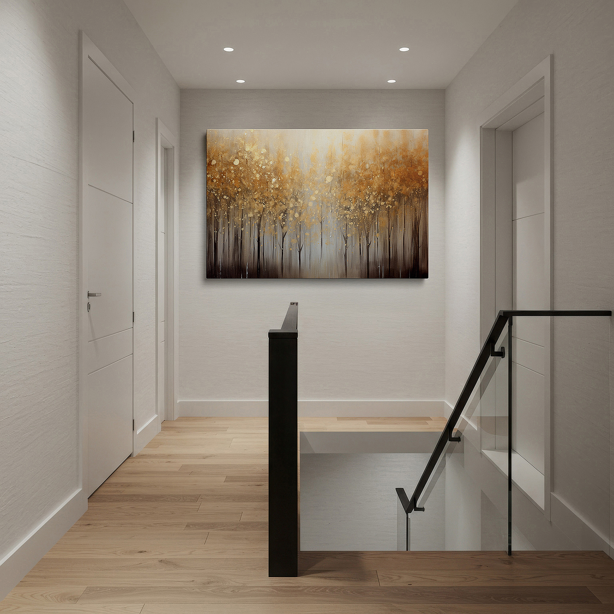 Perfectly sized at 45×30 cm for accenting shelves or narrow walls — autumn's ethereal tapestry: a golden abstract forest - large wall art, canvas wall art, wall decor for office and bedroom