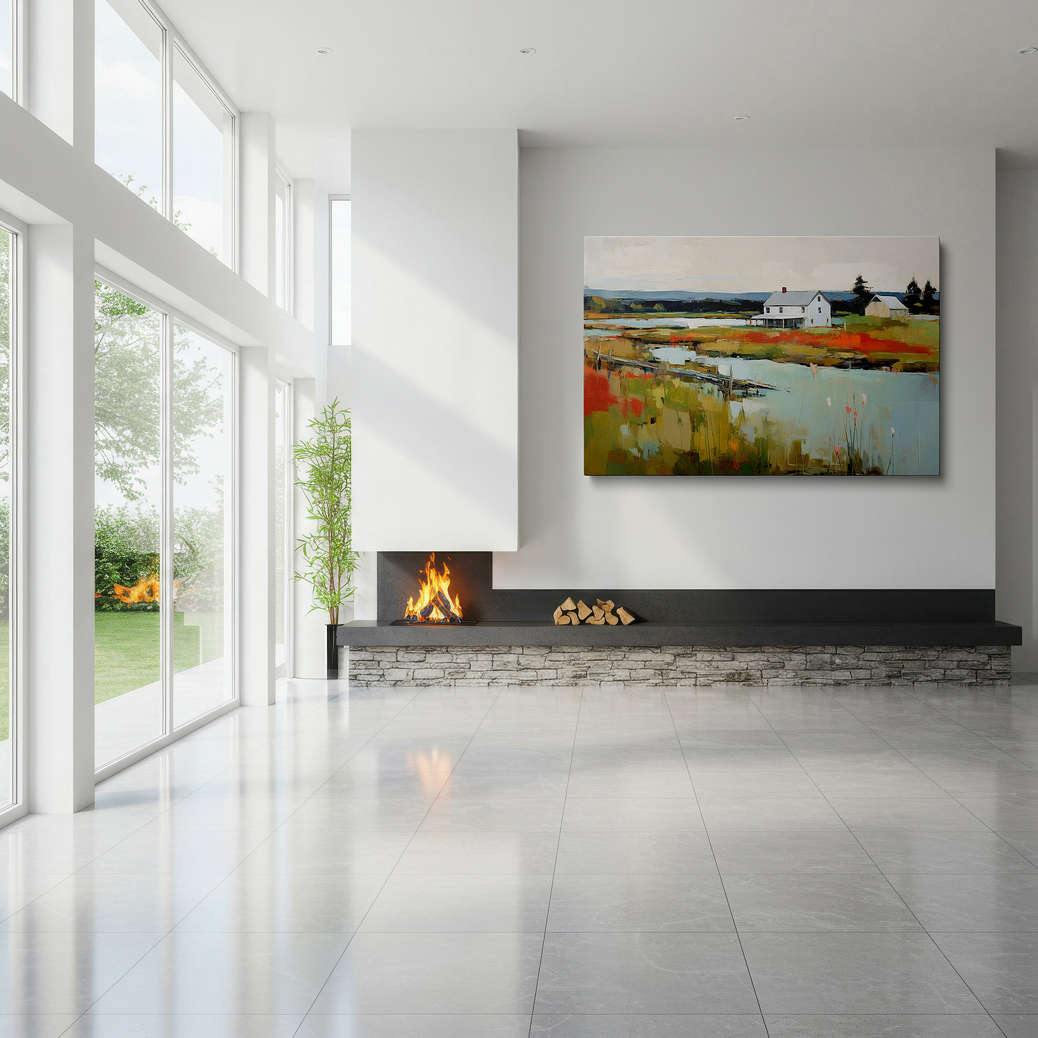 Perfectly sized at 45×30 cm for accenting shelves or narrow walls — autumn's tranquil reflections: timeless rural escape - large canvas wall art for office and bedroom decor
