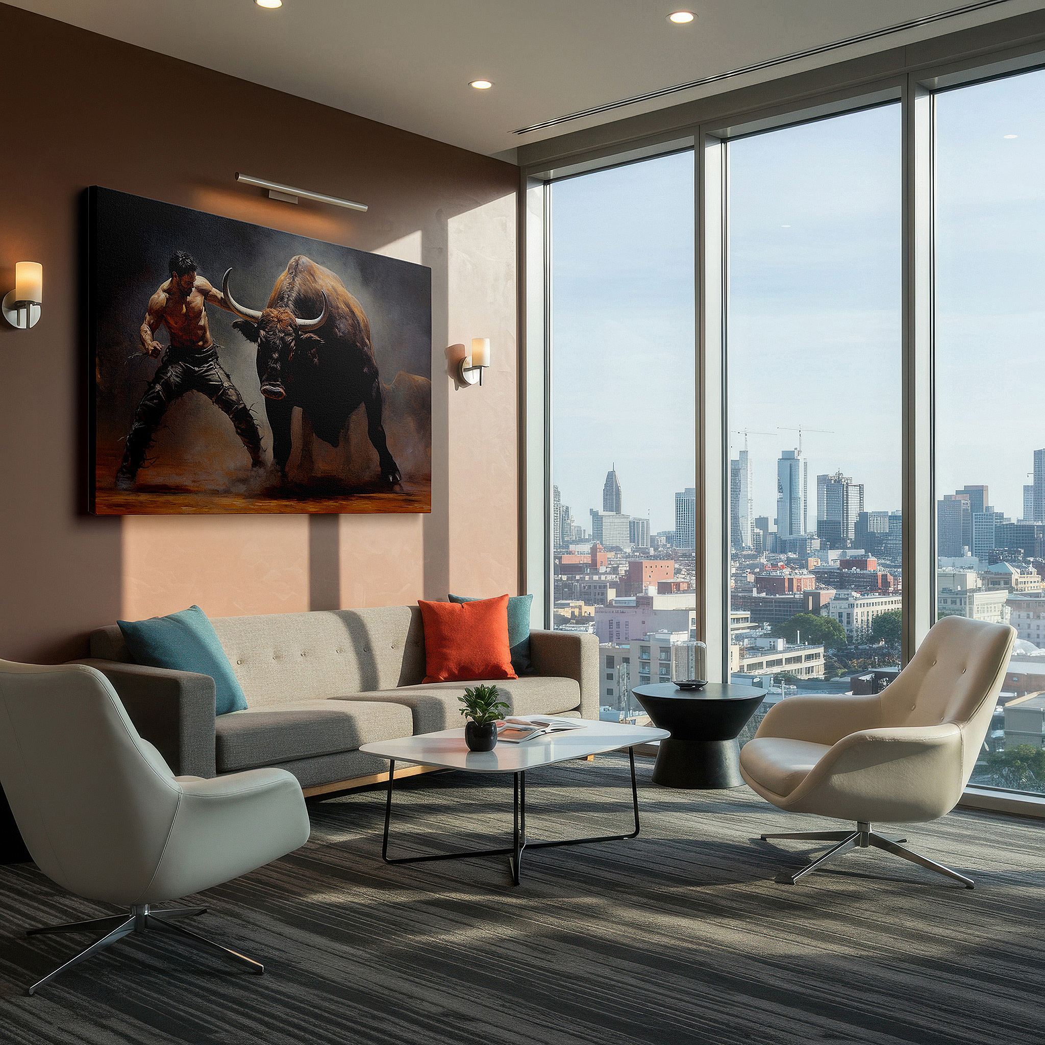 Perfectly sized at 45×30 cm for accenting shelves or narrow walls — bull and man engage in a powerful dance of bravery in a sunlit arena - large canvas wall art for office decor