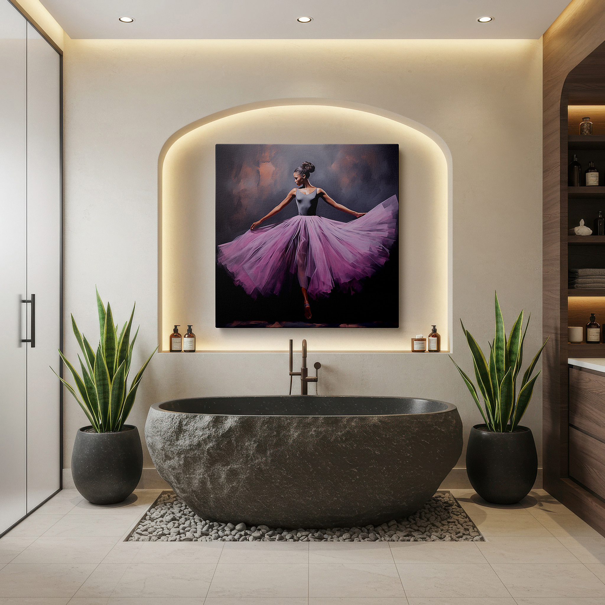 Perfectly sized at 45×30 cm for accenting shelves or narrow walls — captivating dancer in pink tulle wall art: emotion and motion in light and shadow, ideal for office decor, large canvas wall art