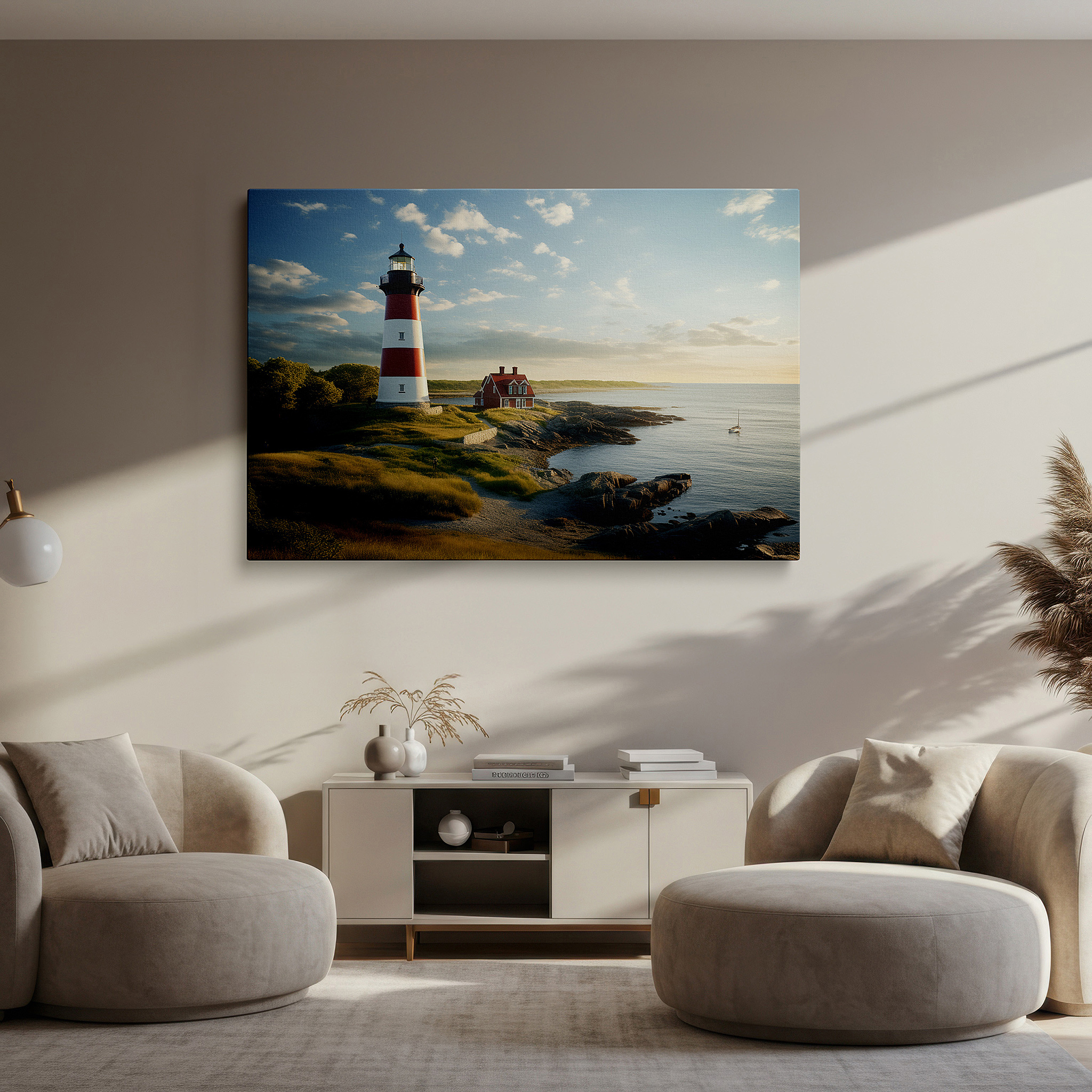 Perfectly sized at 45×30 cm for accenting shelves or narrow walls — coastal calm and lighthouse direction - a perfect mix of nature and architecture: large wall art, canvas wall art, wall decor, office wall art