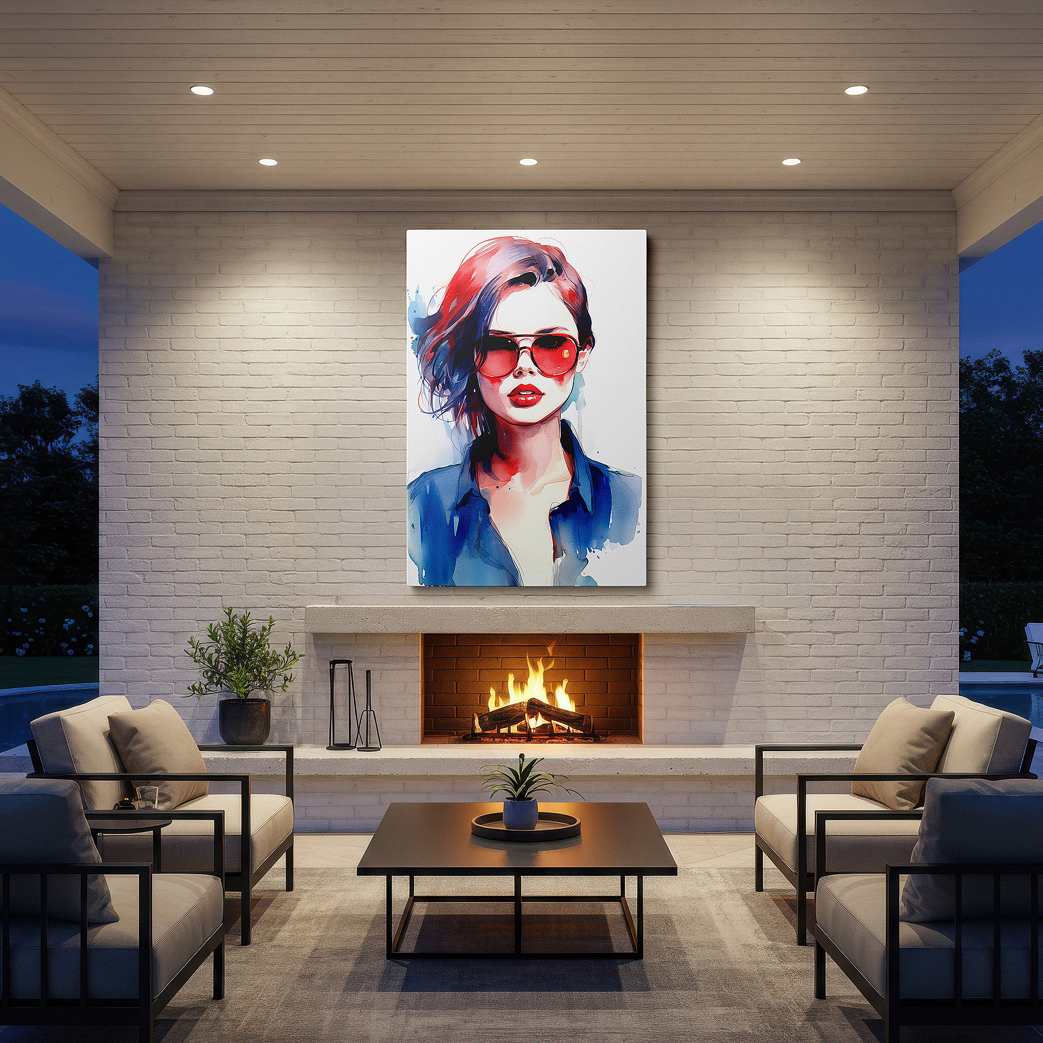 Perfectly sized at 45×30 cm for accenting shelves or narrow walls — contemporary elegance meets watercolor art, showcasing a fashionable woman with vibrant red hair and trendy sunglasses, large canvas wall art