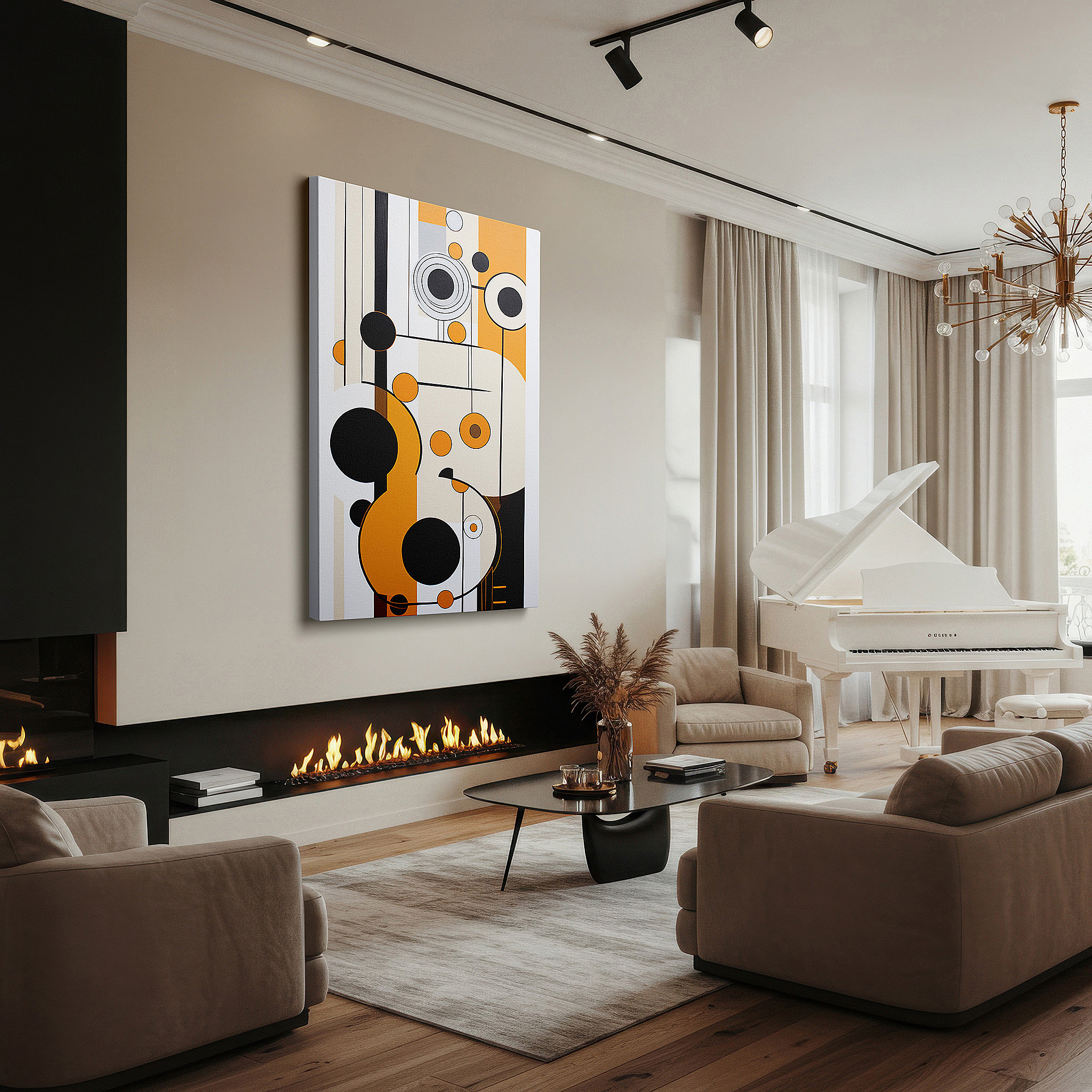 Perfectly sized at 45×30 cm for accenting shelves or narrow walls — contemporary wall art in bold orange, black, and white geometric patterns, large canvas for office, bedroom, and living room decor