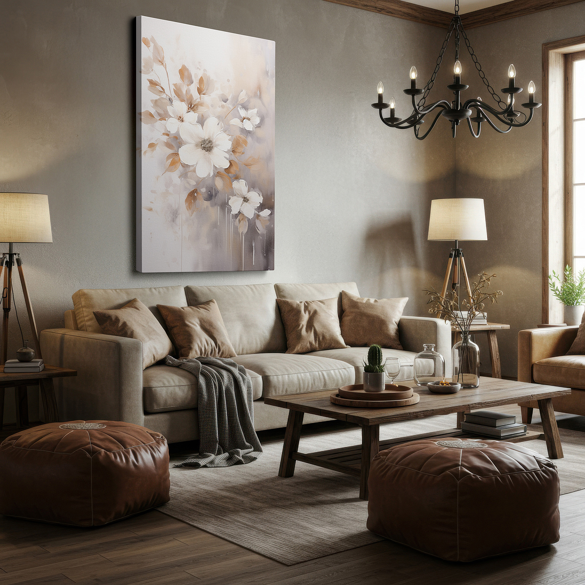 Perfectly sized at 45×30 cm for accenting shelves or narrow walls — elegant floral tranquility wall art with white, beige, and gold accents for office, bedroom, and living room decor