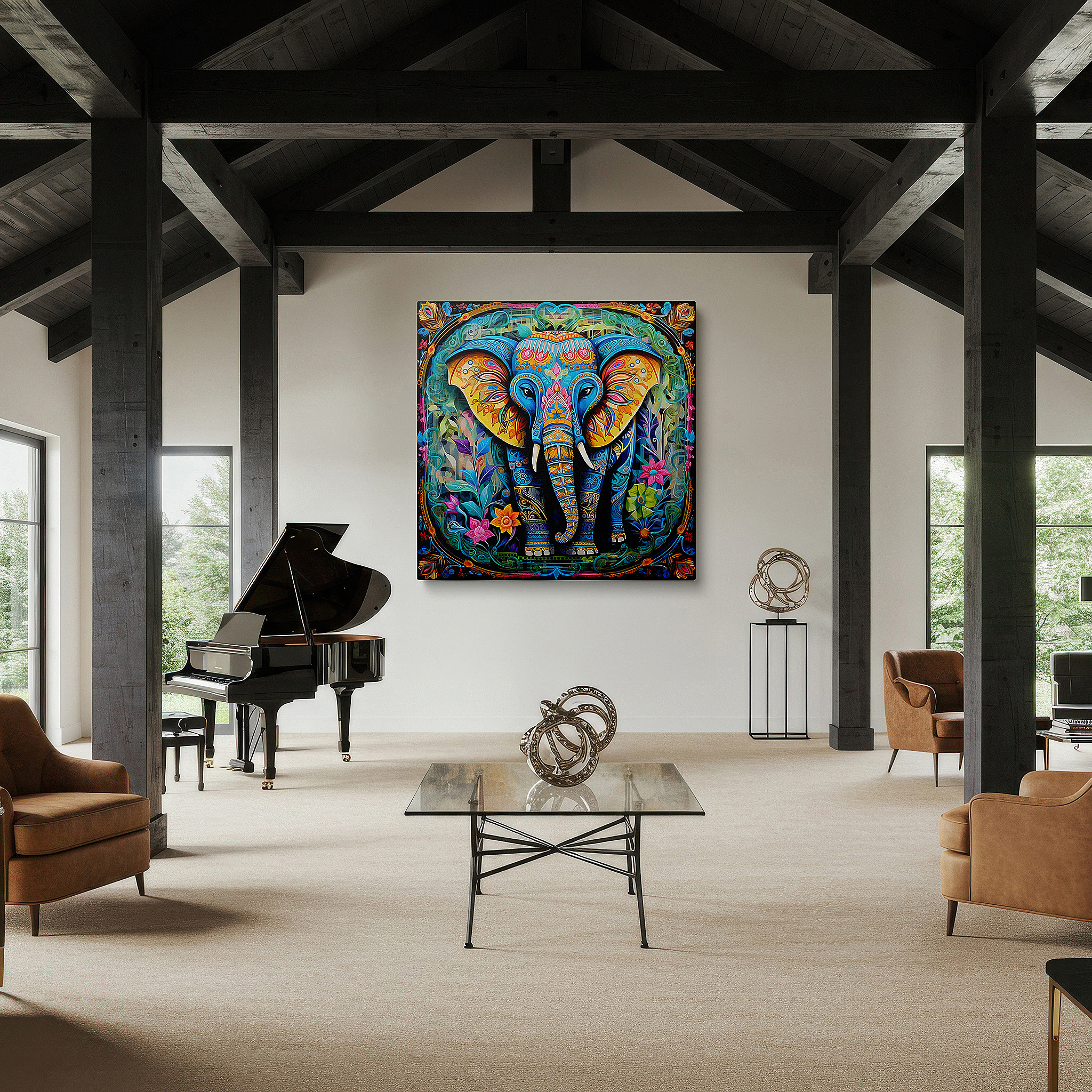 Perfectly sized at 45×30 cm for accenting shelves or narrow walls — elephant of wisdom and strength wall art: vibrant cultural and artistic celebration, ideal for office and bedroom decor, available in large canvas sizes