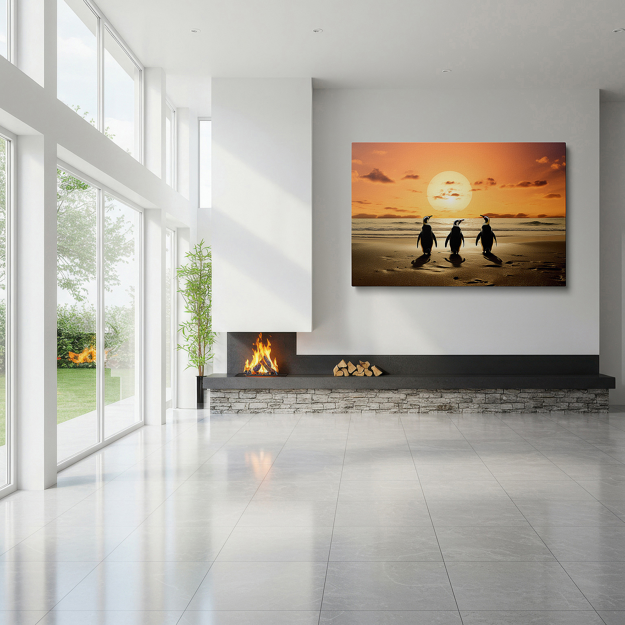 Perfectly sized at 45×30 cm for accenting shelves or narrow walls — emperor penguins on a sandy beach at sunset: serene nature encounter - large canvas wall art for office decor