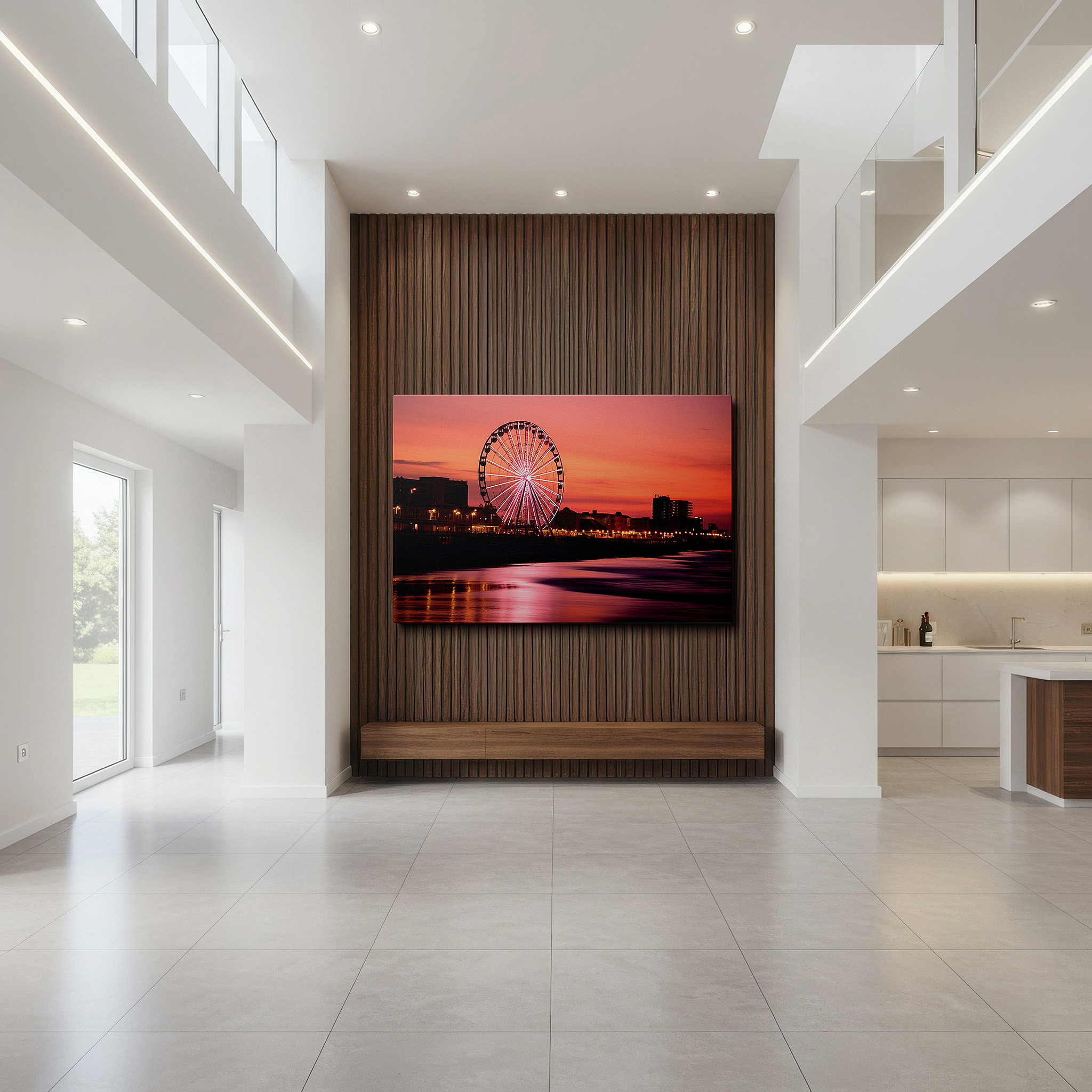 Perfectly sized at 45×30 cm for accenting shelves or narrow walls — enchanted evening at the beachside amusement park featuring an illuminated ferris wheel and sunset reflections, large canvas wall art decor