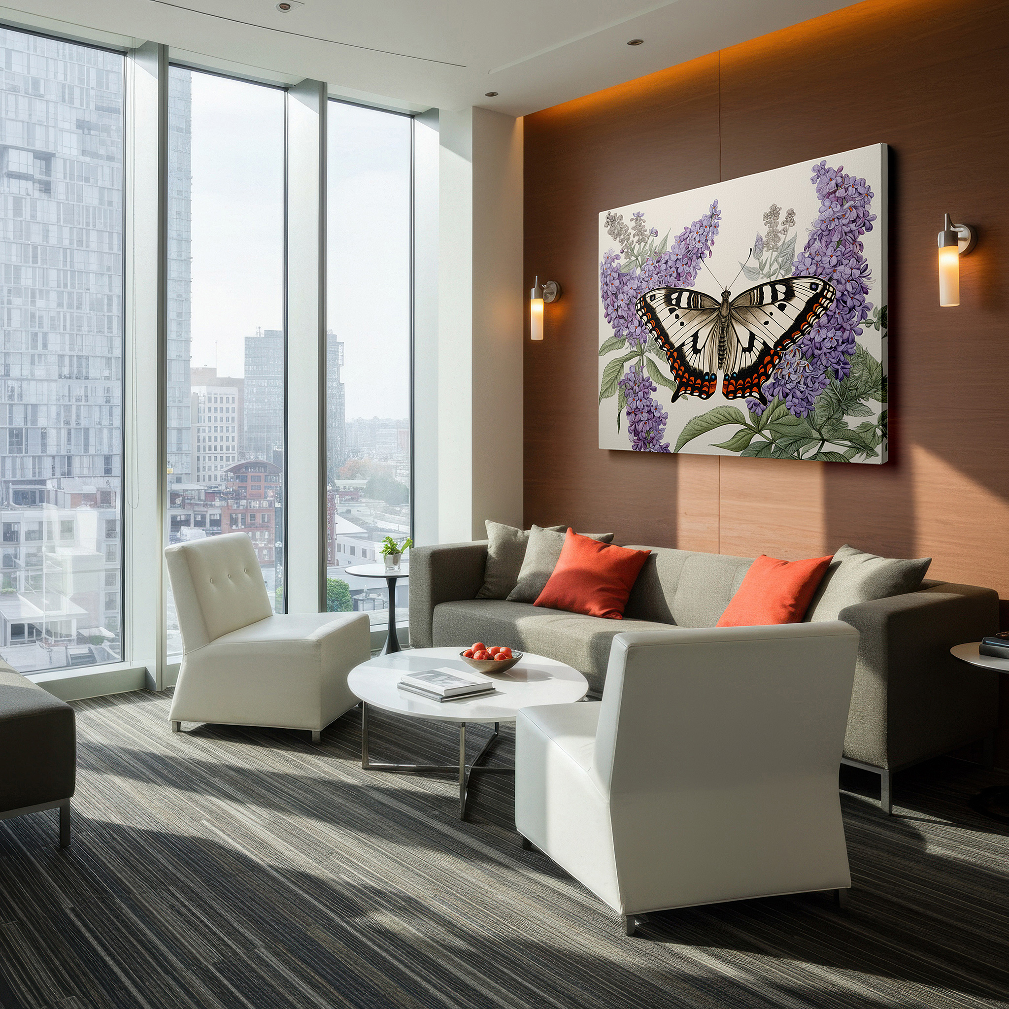 Perfectly sized at 45×30 cm for accenting shelves or narrow walls — ethereal butterfly resting on purple flowers surrounded by abstract floral designs, large canvas wall art for home and office decor