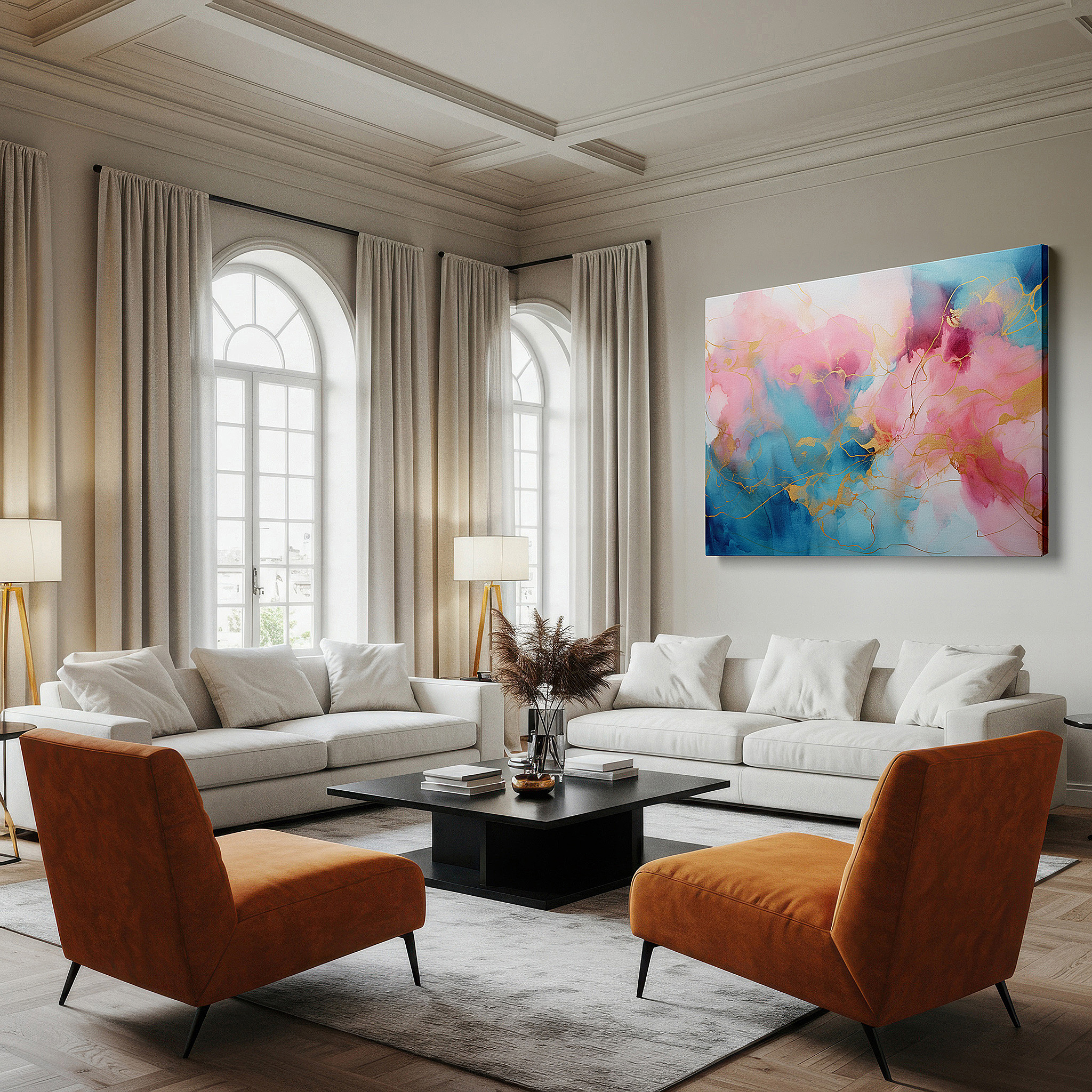 Perfectly sized at 45×30 cm for accenting shelves or narrow walls — ethereal canvas wall art featuring dreamlike pinks, blues, and gold lines for office, bedroom, and living room decor