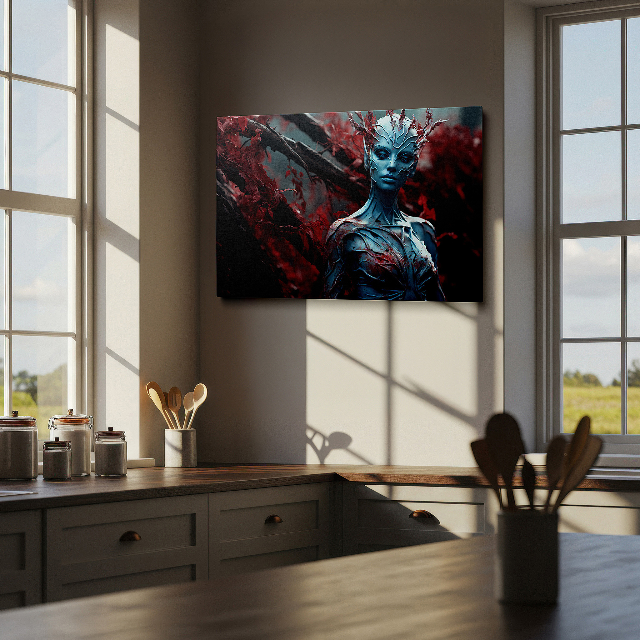 Perfectly sized at 45×30 cm for accenting shelves or narrow walls — fiery red leaves and surreal ocean transformation large canvas wall art for office, bedroom, and living room decor