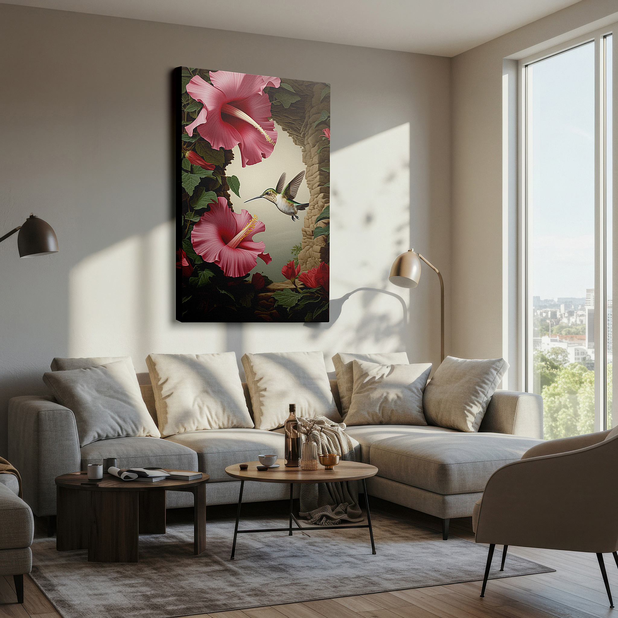 Perfectly sized at 45×30 cm for accenting shelves or narrow walls — graceful hummingbird hovering over vibrant hibiscus flowers - large canvas wall art for office, bedroom, and living room decor