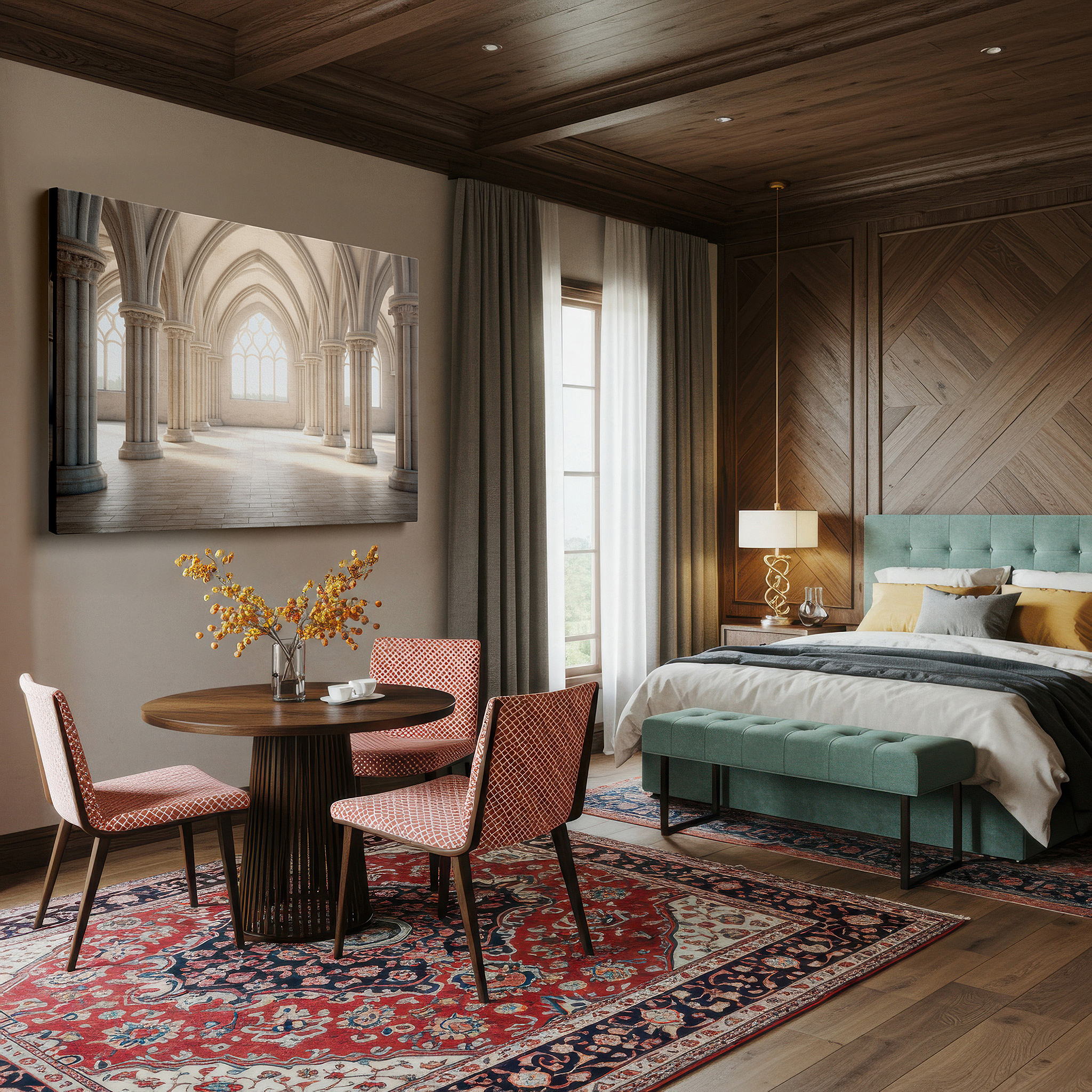 Perfectly sized at 45×30 cm for accenting shelves or narrow walls — grand gothic interior canvas featuring towering arches and detailed pillars, ideal for office and bedroom wall decor