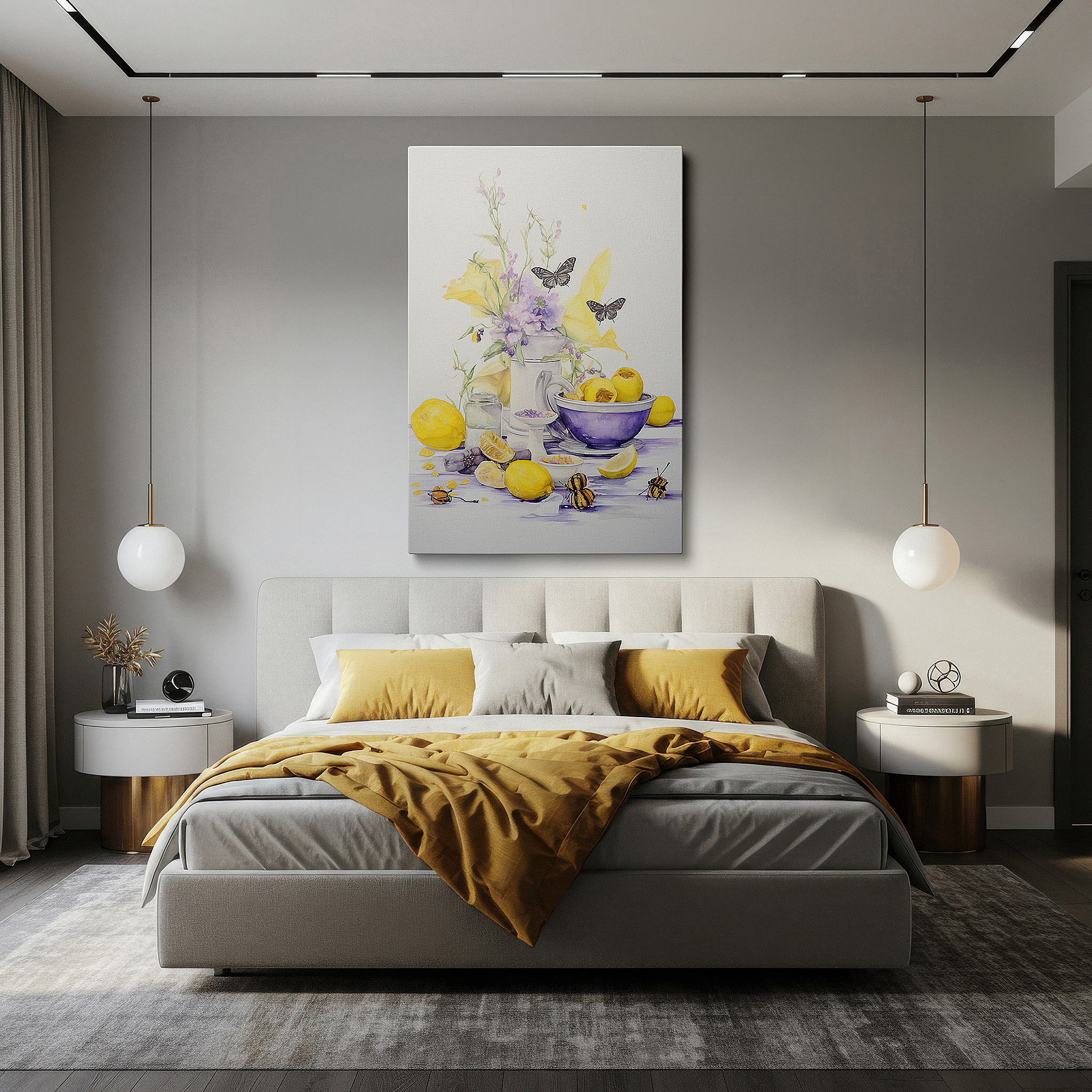 Perfectly sized at 45×30 cm for accenting shelves or narrow walls — lemon and butterfly serenity large wall art, canvas decor for office and bedroom