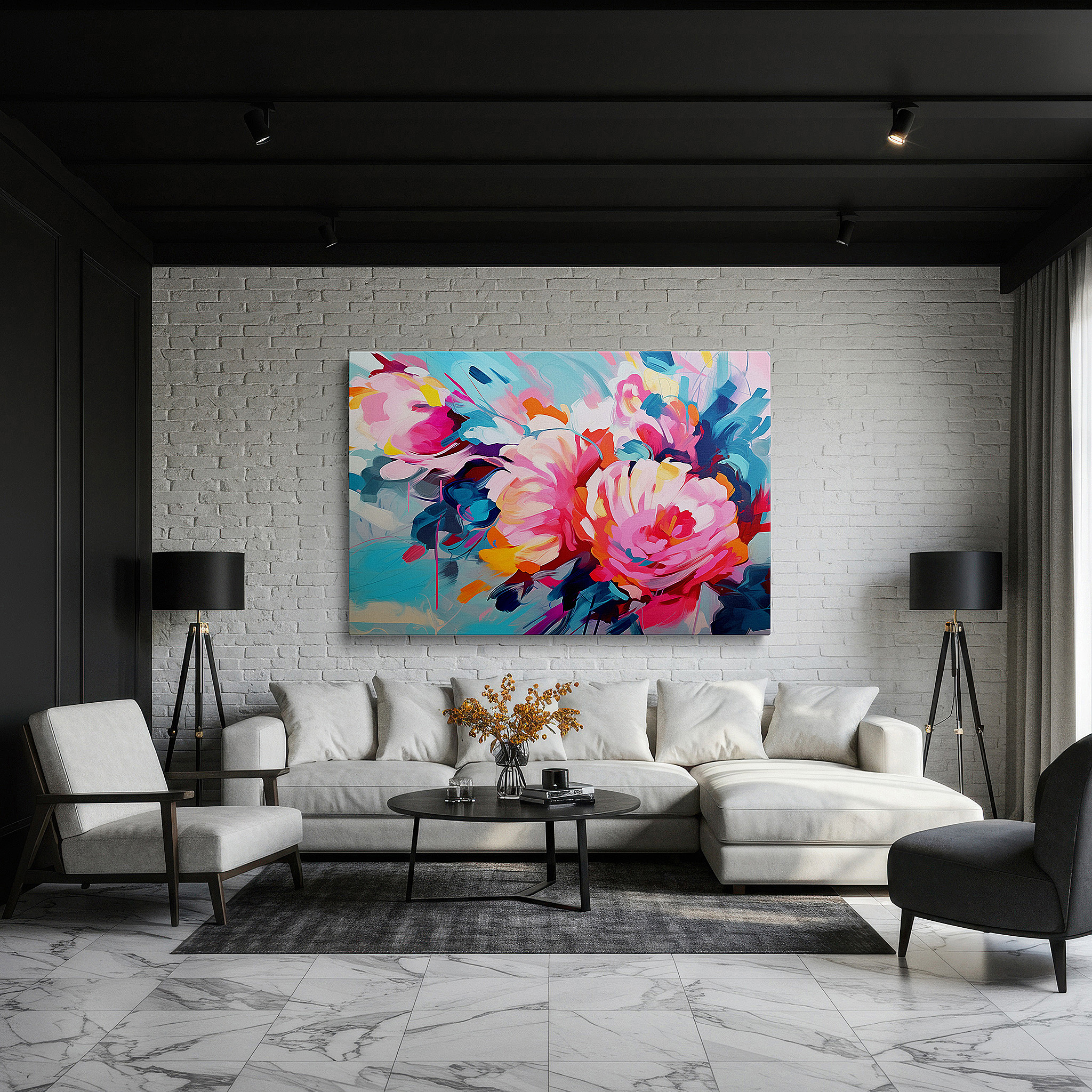 Perfectly sized at 45×30 cm for accenting shelves or narrow walls — a lively display of abstract floral designs, enhancing environments with vivid colors and energetic vibes: large wall art, canvas wall art, wall art