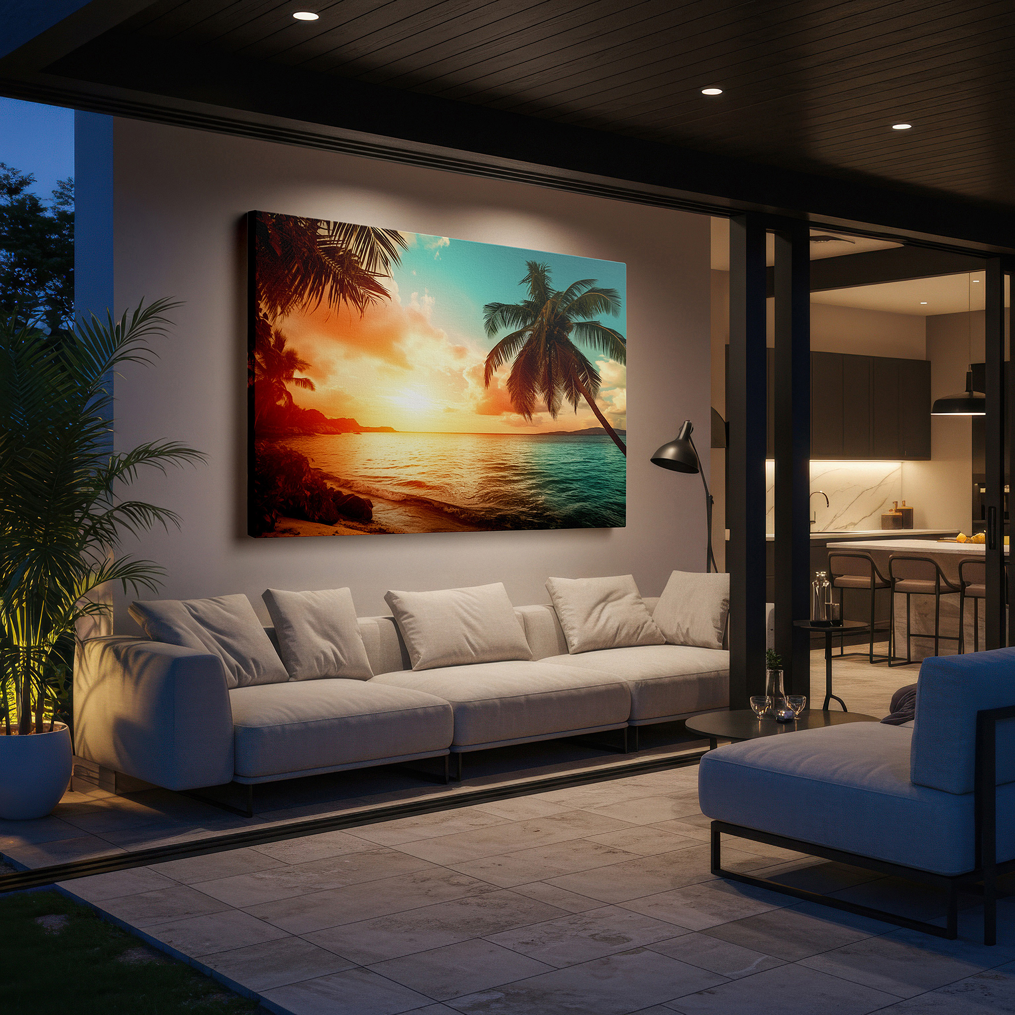 Perfectly sized at 45×30 cm for accenting shelves or narrow walls — lone palm silhouette at sunset, orange and teal sky above calm ocean waves, large canvas wall art for home and office decor