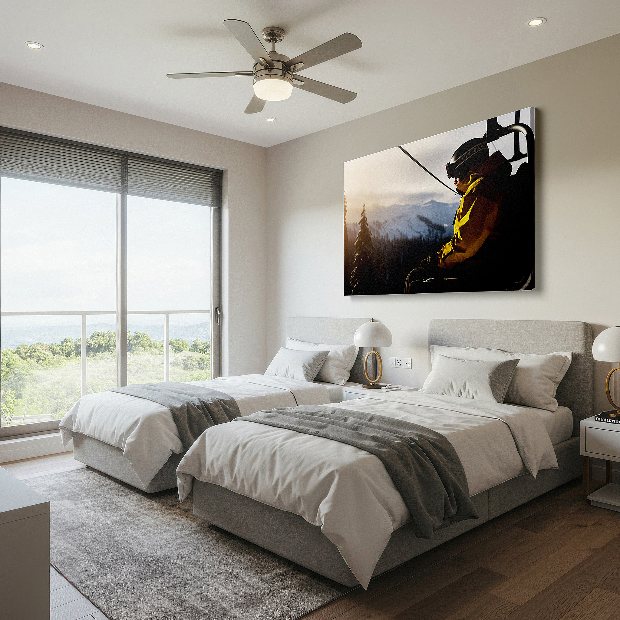 Perfectly sized at 45×30 cm for accenting shelves or narrow walls — lone skier ascending in chairlift against snow-capped peaks at dusk - large canvas wall art for office and bedroom decor