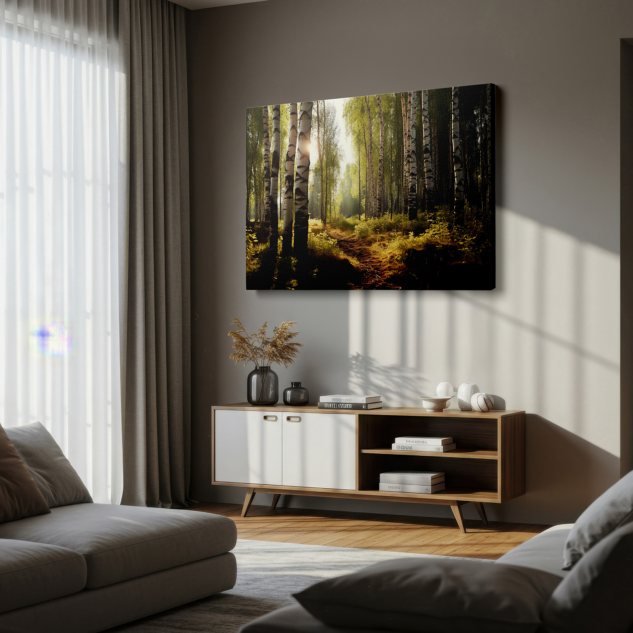 Perfectly sized at 45×30 cm for accenting shelves or narrow walls — majestic birches and dancing light in a lush forest sanctuary: large canvas wall art for office, living room, and bedroom decor