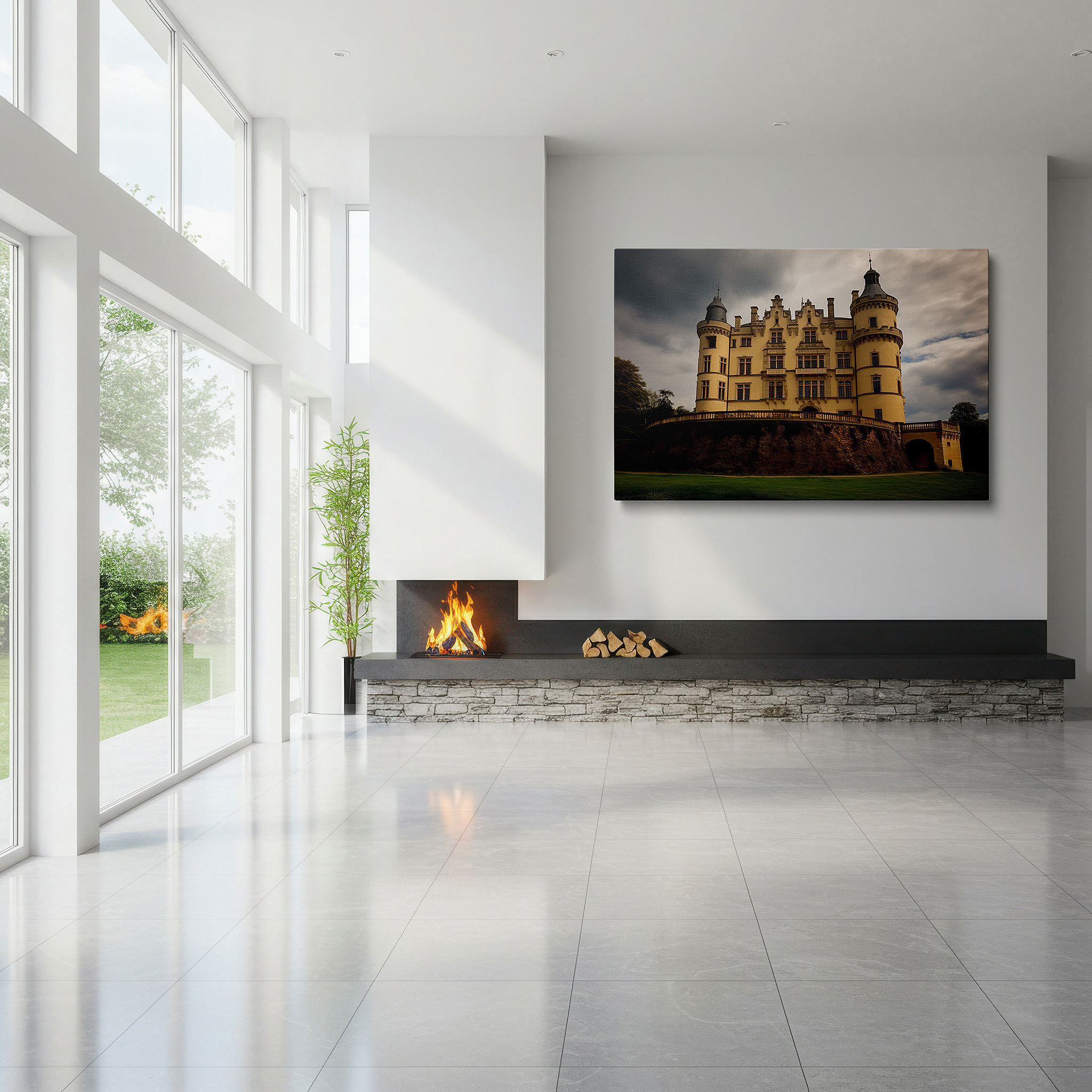 Perfectly sized at 45×30 cm for accenting shelves or narrow walls — majestic castle on rugged hill: a showcase of architectural excellence amidst natural splendor - large wall art, canvas wall art, wall decor for office