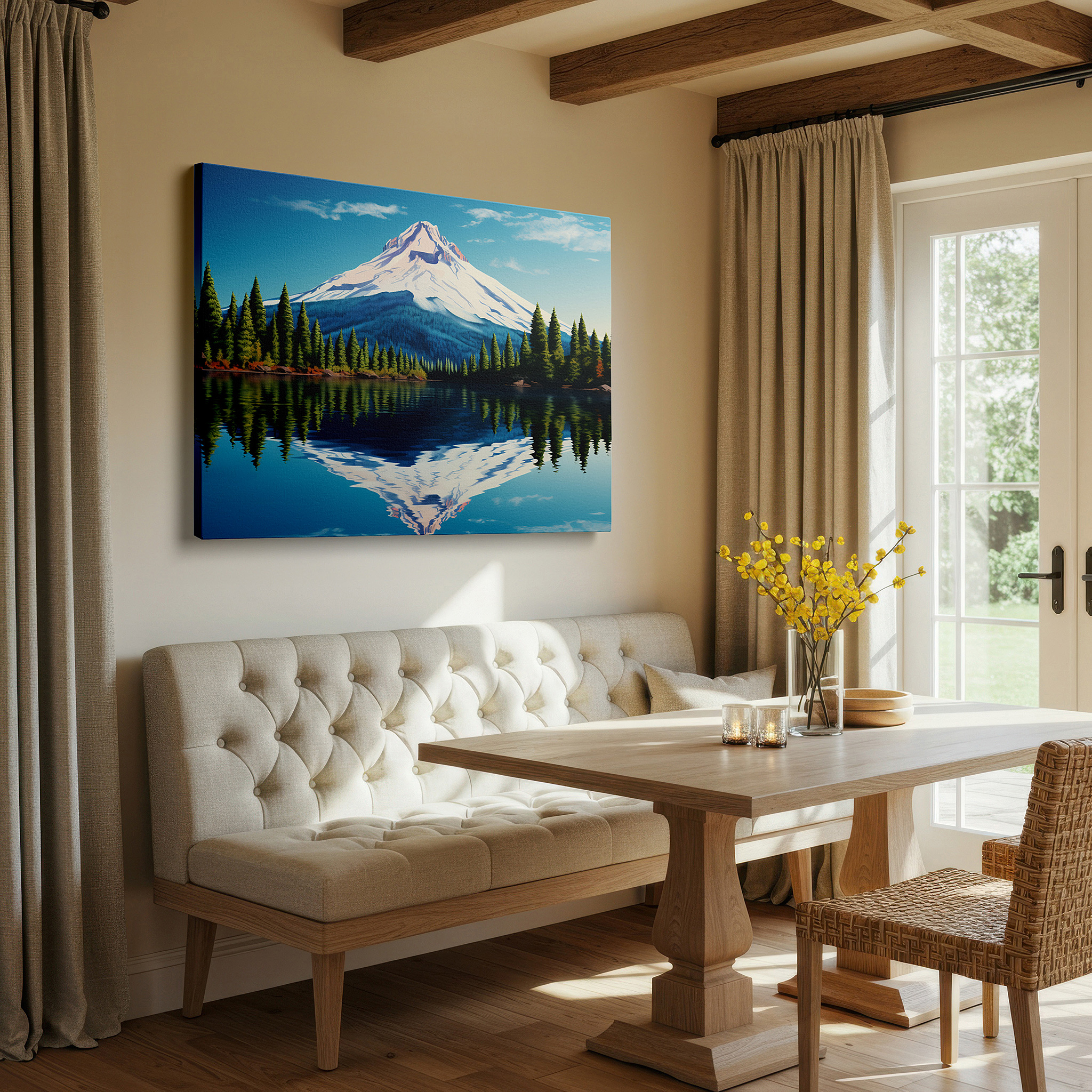 Perfectly sized at 45×30 cm for accenting shelves or narrow walls — majestic mountain and serene lake reflections amidst lush pine forests: large canvas wall art for office and bedroom decor