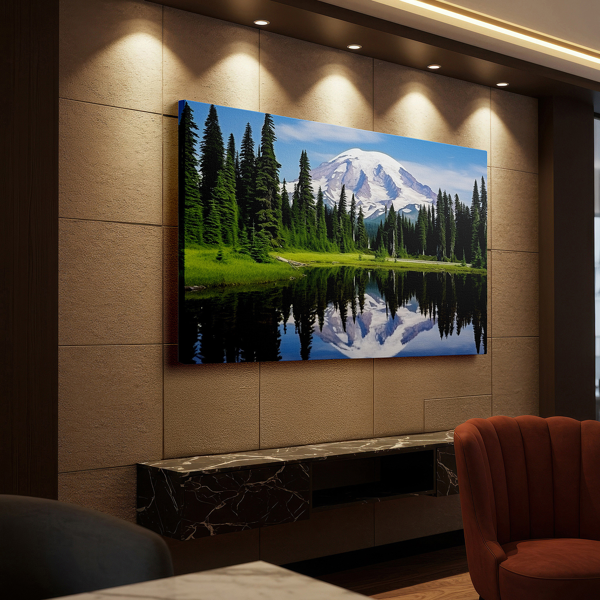 Perfectly sized at 45×30 cm for accenting shelves or narrow walls — majestic mountain and serene lake reflection surrounded by lush evergreens - large canvas wall art for office and bedroom decor
