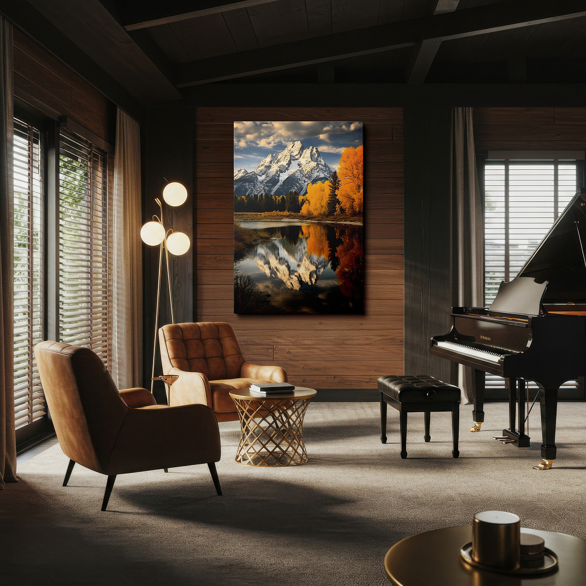 Perfectly sized at 45×30 cm for accenting shelves or narrow walls — majestic mountains and autumn reflections in a tranquil lake: large canvas wall art for office, bedroom, and living room decor