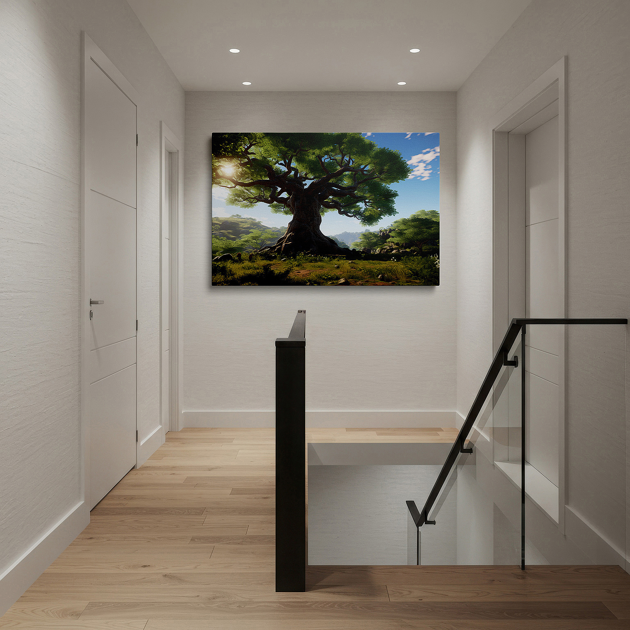 Perfectly sized at 45×30 cm for accenting shelves or narrow walls — majestic tree amid green scenery under blue sky large wall art, canvas wall art, wall decor for office, bedroom, and living room