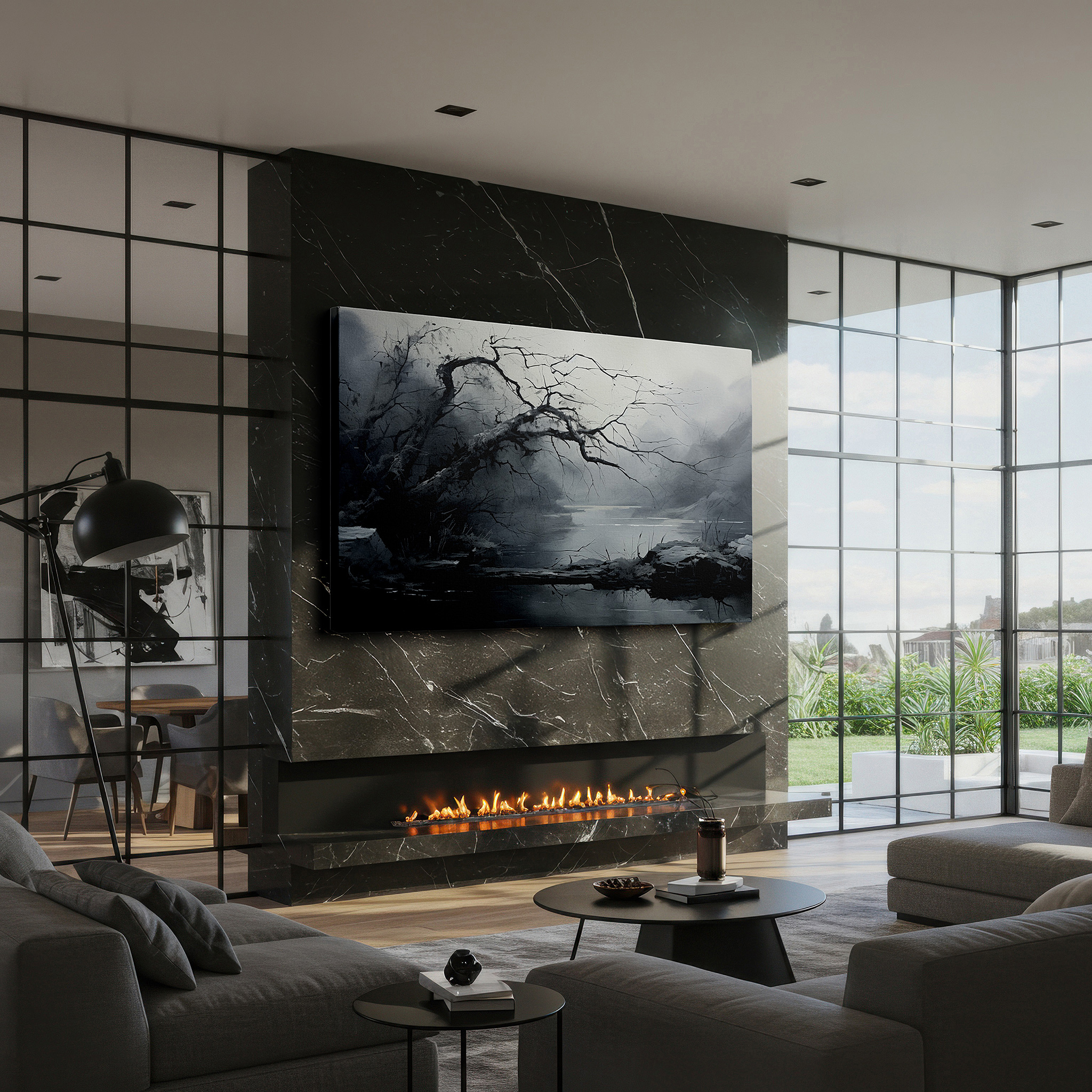 Perfectly sized at 45×30 cm for accenting shelves or narrow walls — monochrome haunting landscape with foggy river and twisted trees, large canvas wall art for office and bedroom decor