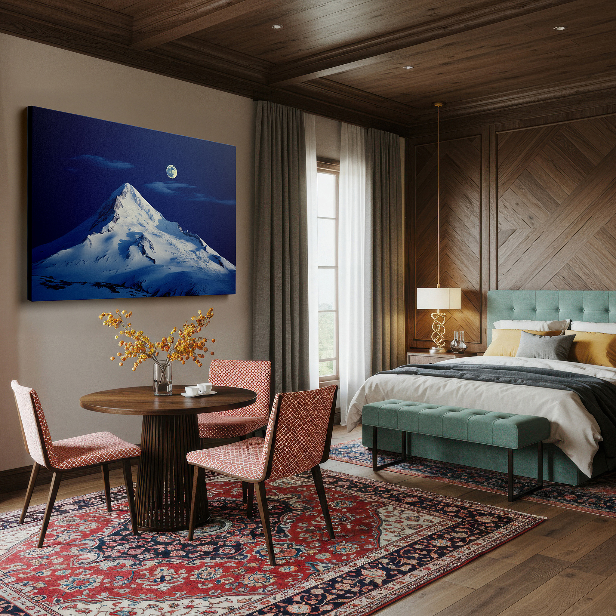 Perfectly sized at 45×30 cm for accenting shelves or narrow walls — moonlit majestic mountain peak with starry sky, serene wilderness large canvas wall art for office decor