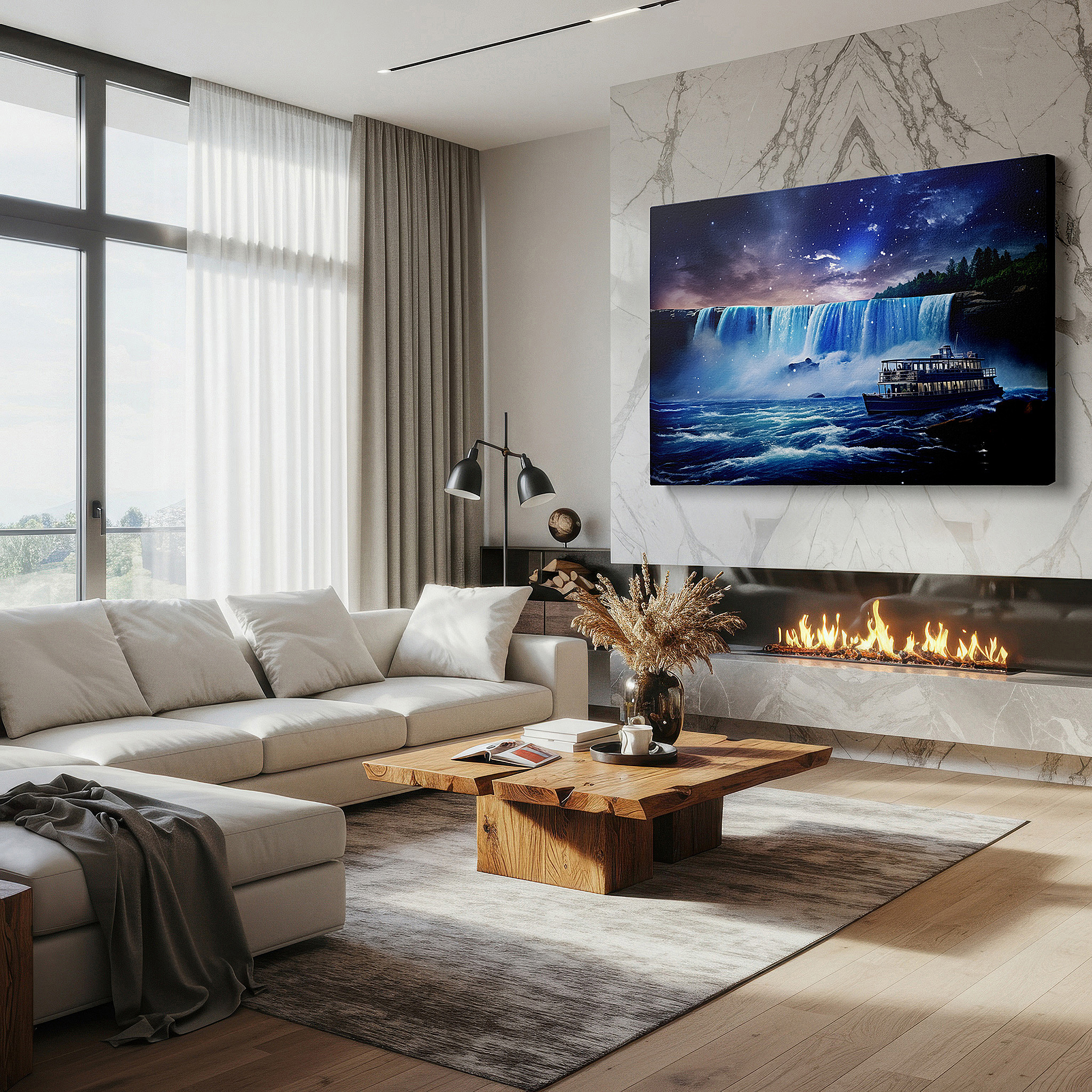 Perfectly sized at 45×30 cm for accenting shelves or narrow walls — moonlit waterfall and starry sky with solitary boat canvas wall art for office decor