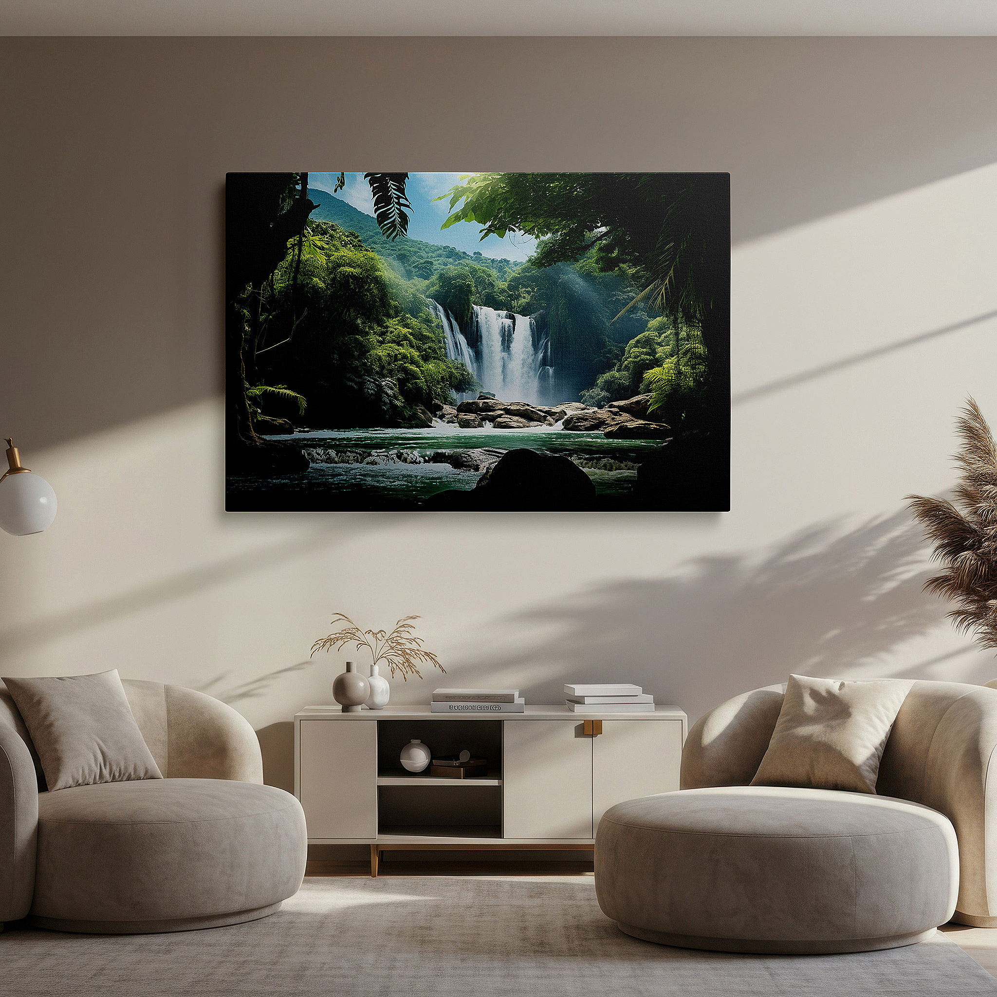 Perfectly sized at 45×30 cm for accenting shelves or narrow walls — mystical jungle and majestic waterfall large canvas wall art for office, bedroom, and living room decor