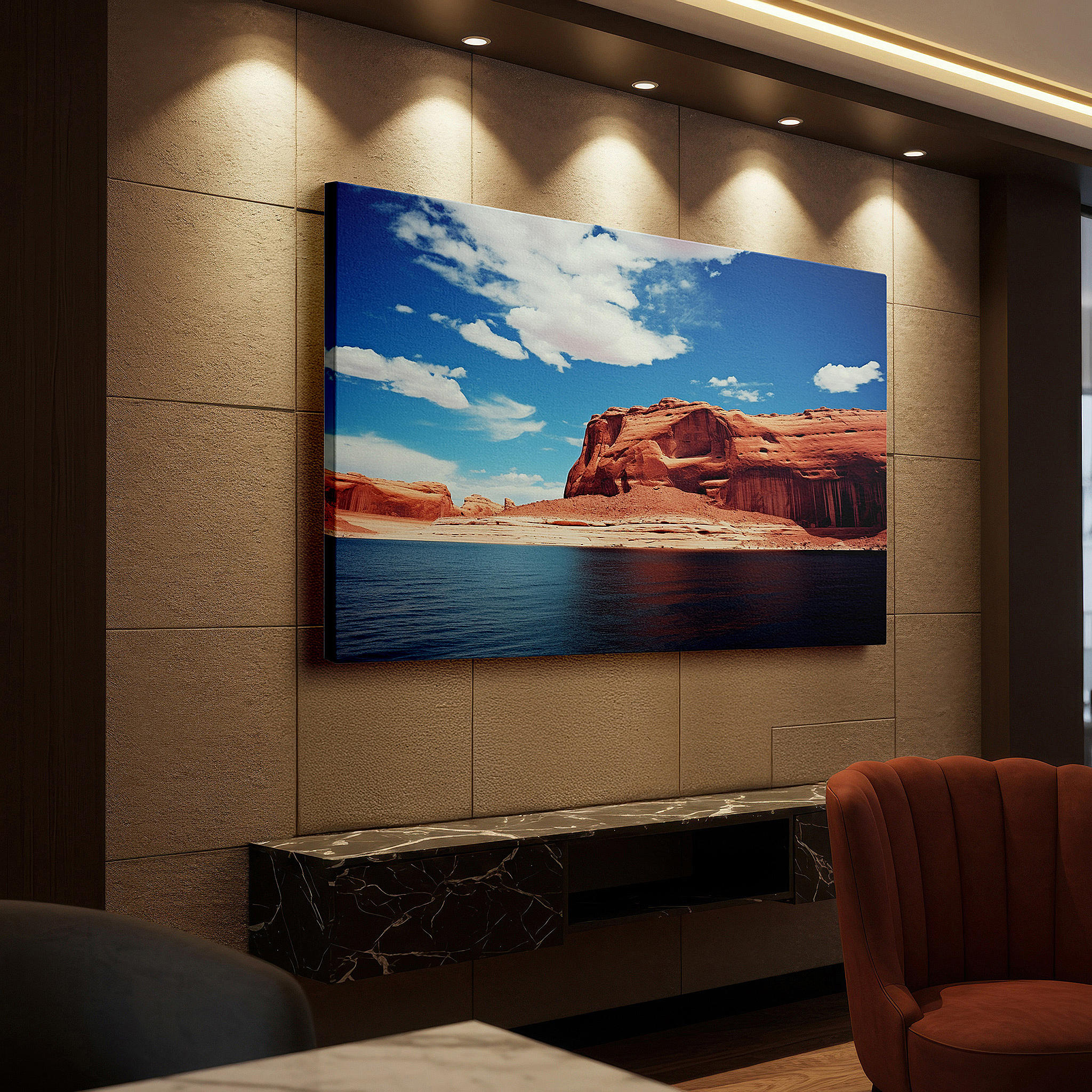 Perfectly sized at 45×30 cm for accenting shelves or narrow walls — red rocks and reflective waters under a blue sky large canvas wall art for office and bedroom decor