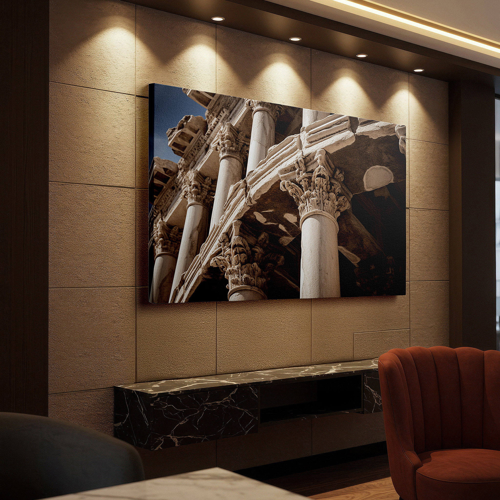 Perfectly sized at 45×30 cm for accenting shelves or narrow walls — roman columns: emblems of architectural splendor and artistic excellence - large wall art, canvas wall art, wall decor for offices and bedrooms