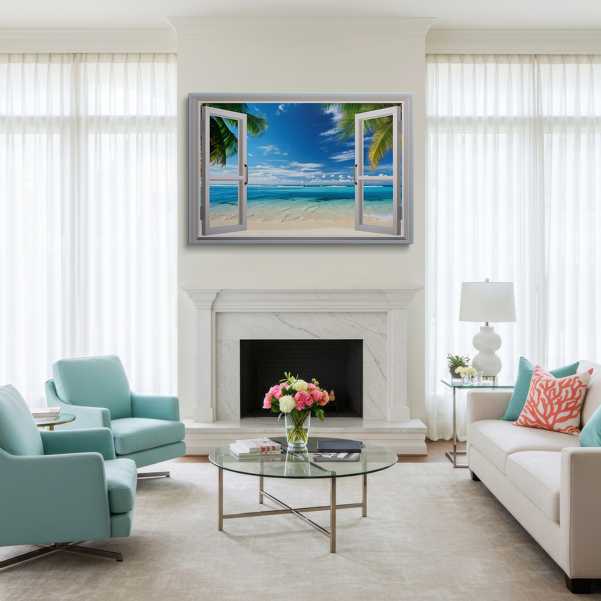 Perfectly sized at 45×30 cm for accenting shelves or narrow walls — serene beachside escape viewed through open white windows - large canvas wall art for office, bedroom, and living room decor