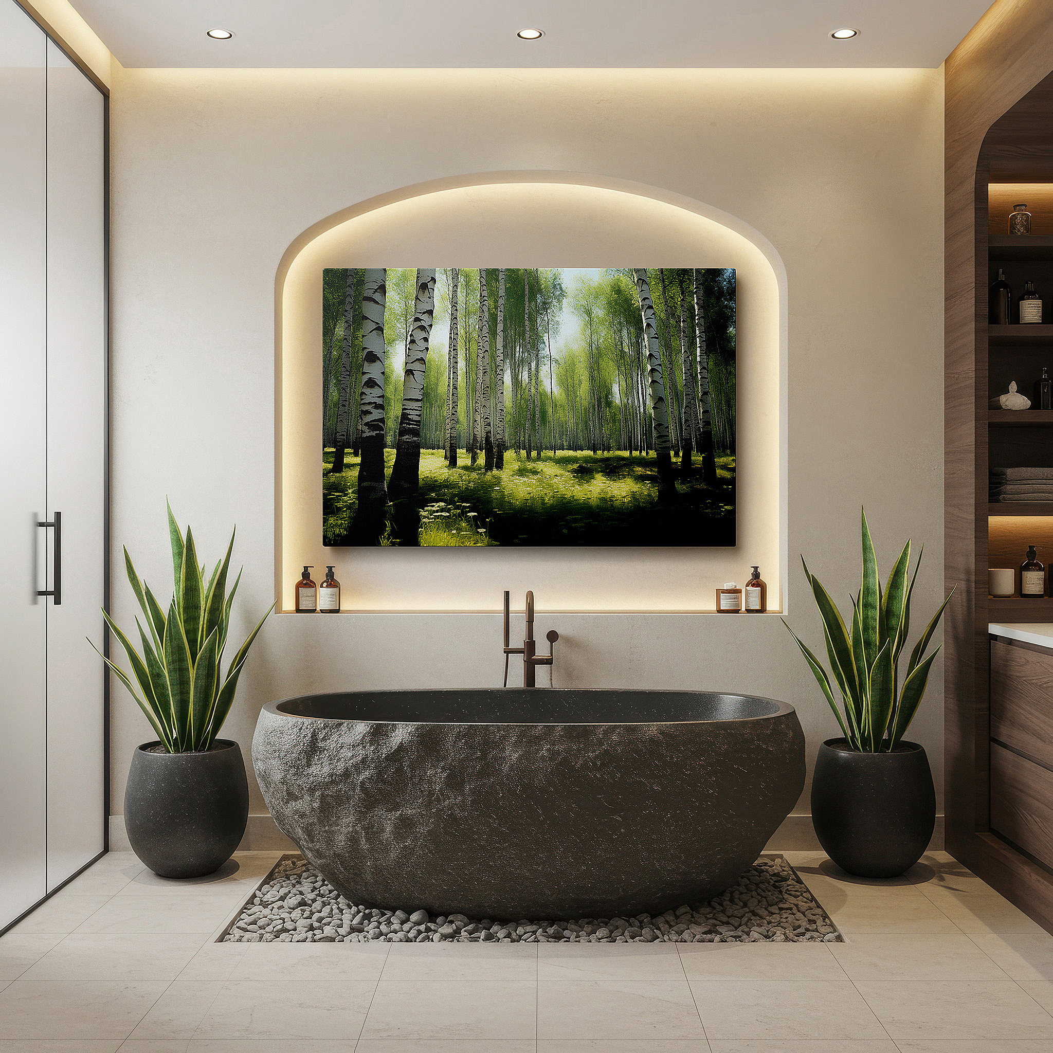 Perfectly sized at 45×30 cm for accenting shelves or narrow walls — serene birch forest - peaceful woodland escape for quiet reflection: large wall art, canvas wall art, wall decor, office wall art