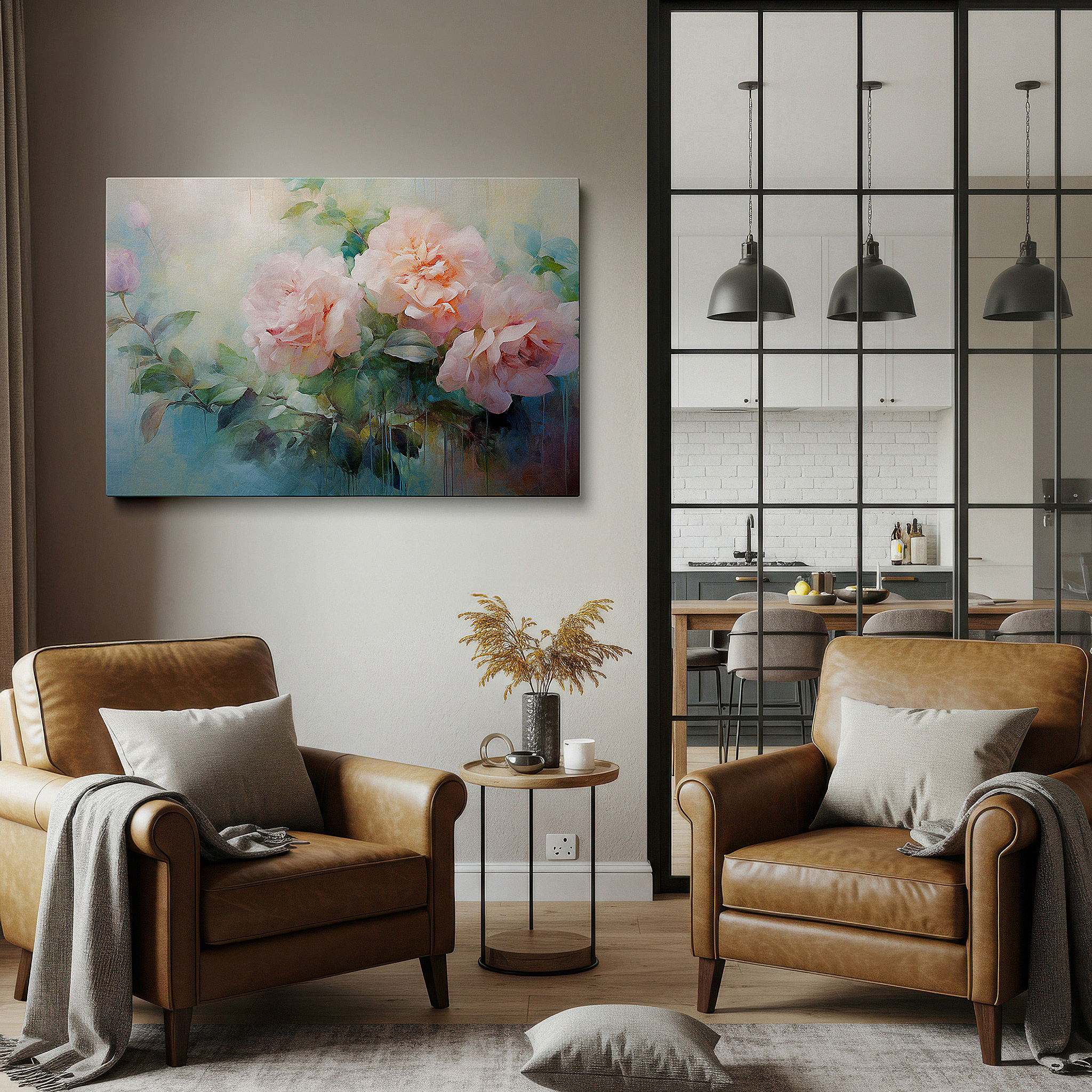 Perfectly sized at 45×30 cm for accenting shelves or narrow walls — serene blossoms amidst soft greens and blues, tranquil nature tribute large wall art, canvas wall art, wall decor for office and bedroom