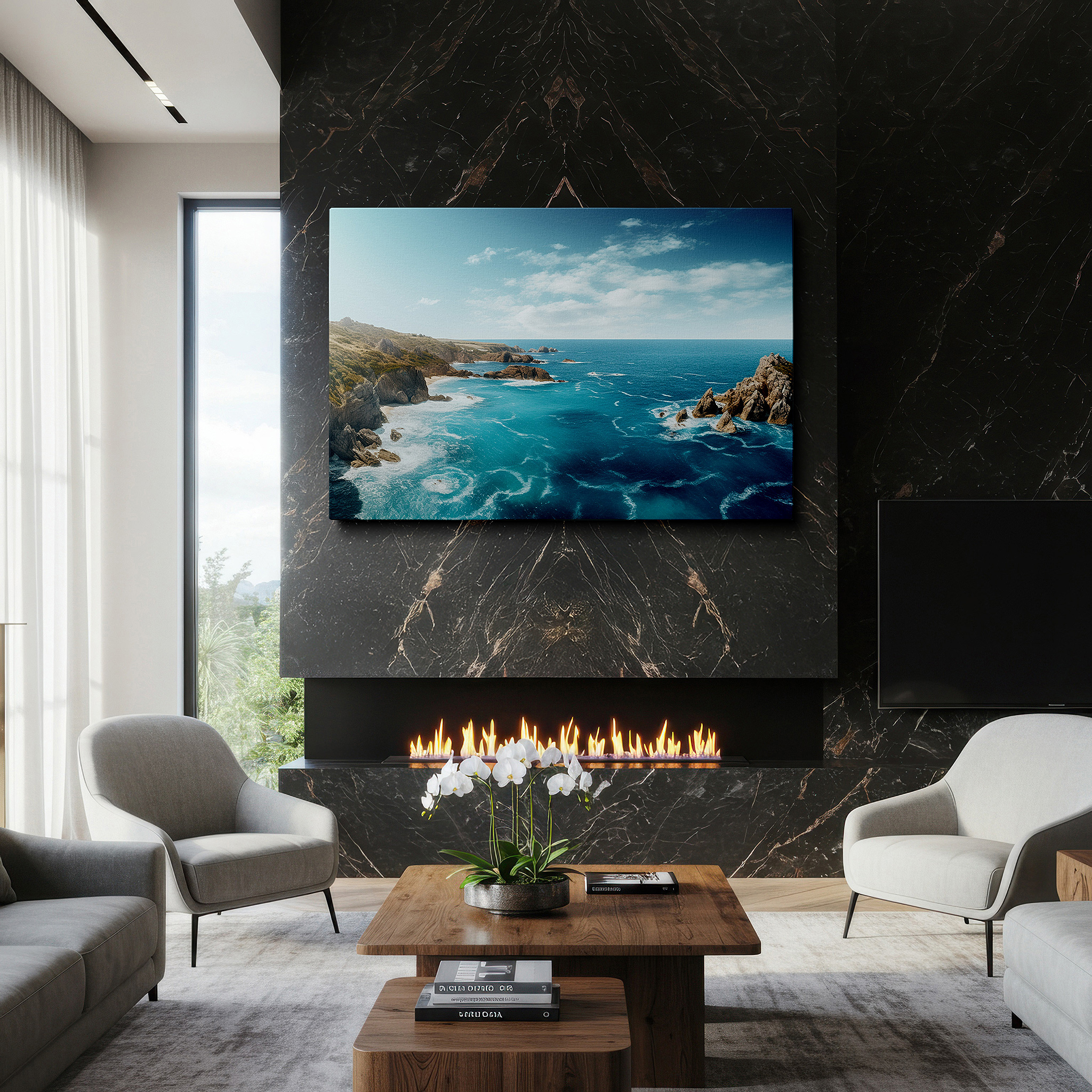 Perfectly sized at 45×30 cm for accenting shelves or narrow walls — serene coastal scene with lush cliffs and grand rock formations large wall art, canvas wall art, wall decor for office and bedroom