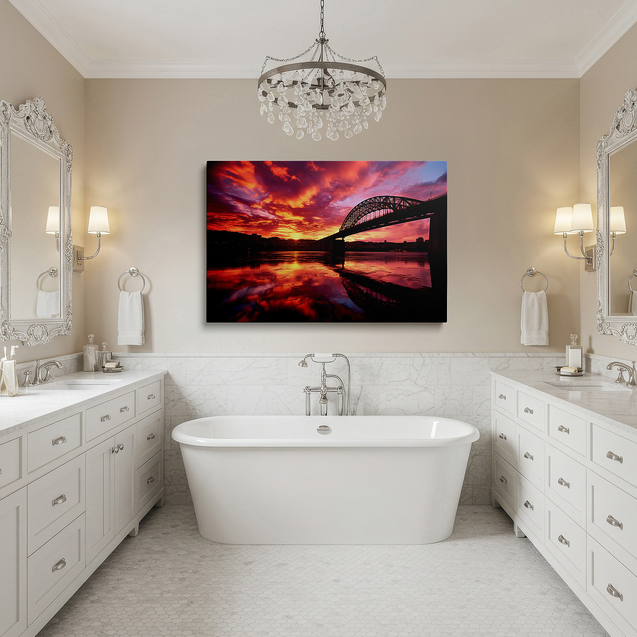 Perfectly sized at 45×30 cm for accenting shelves or narrow walls — serene evening featuring architectural wonders, sunset sky, and reflective waters: large canvas wall art for office and bedroom decor